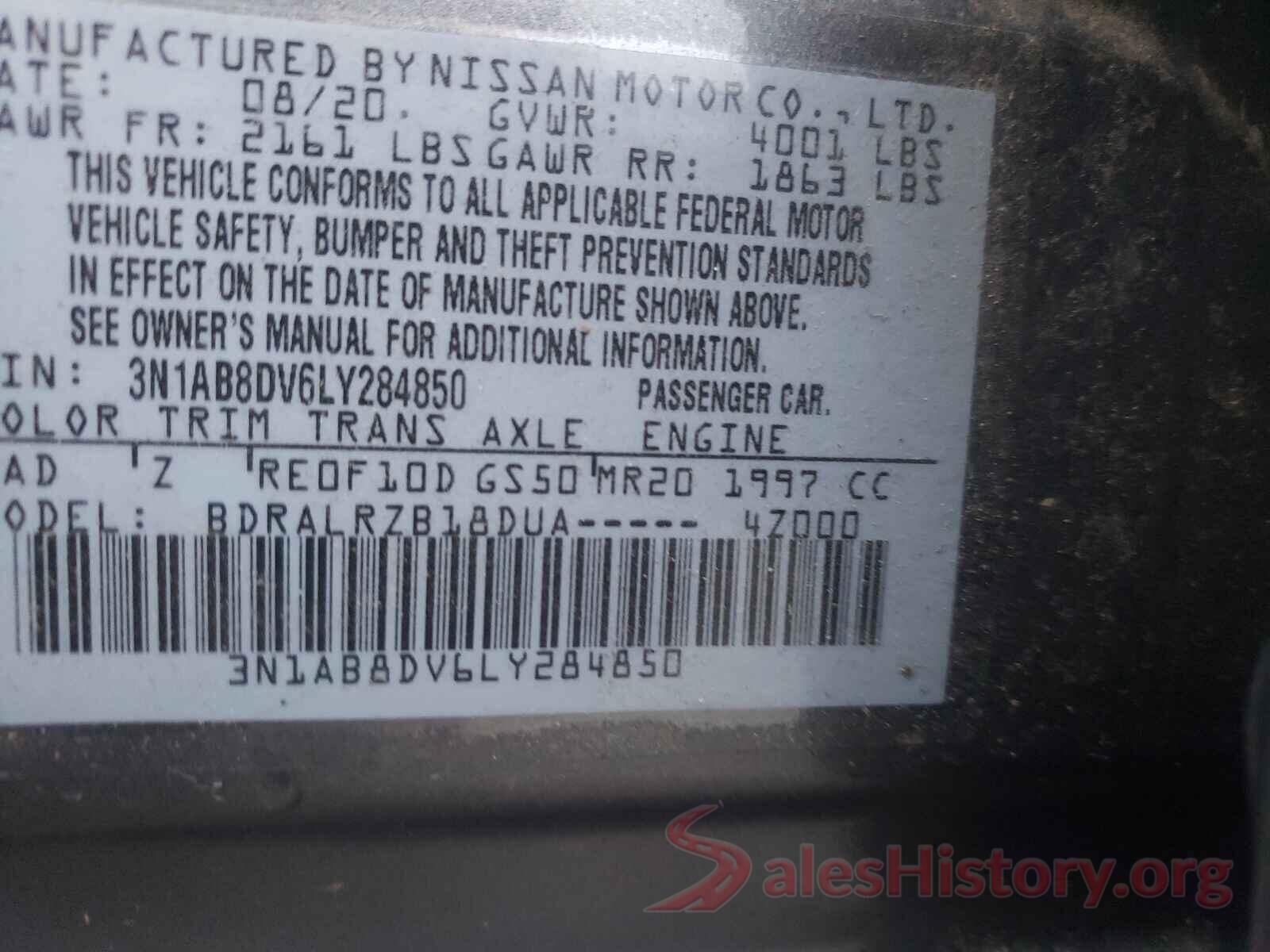 3N1AB8DV6LY284850 2020 NISSAN SENTRA