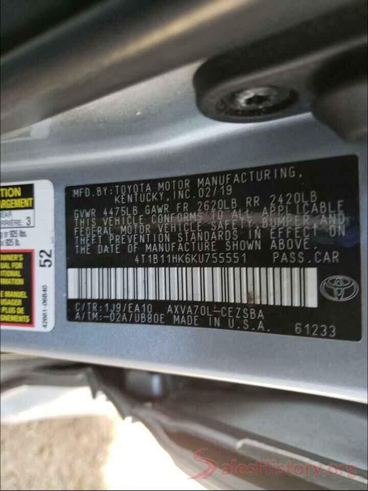 4T1B11HK6KU755551 2019 TOYOTA CAMRY