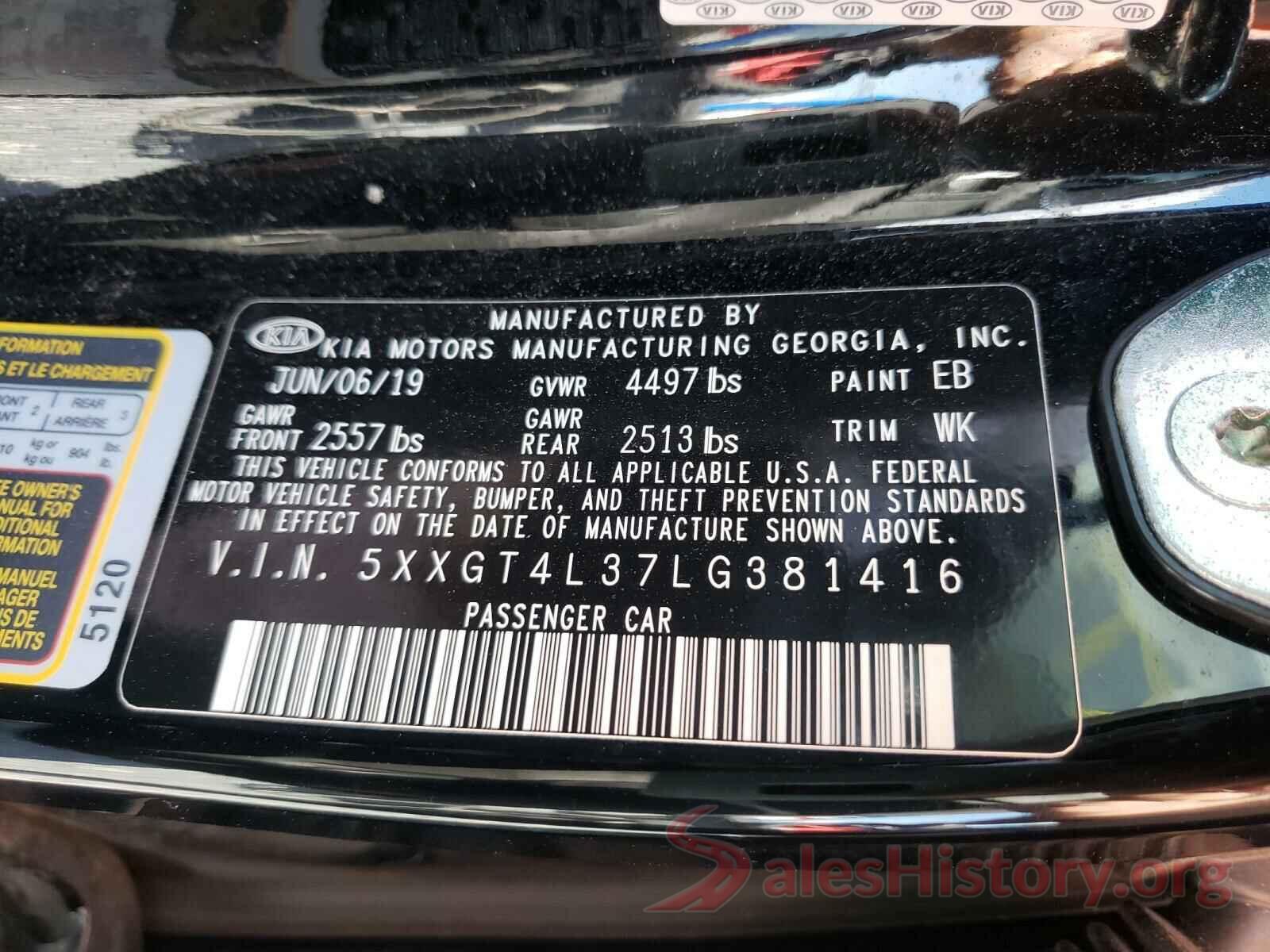 5XXGT4L37LG381416 2020 KIA OPTIMA