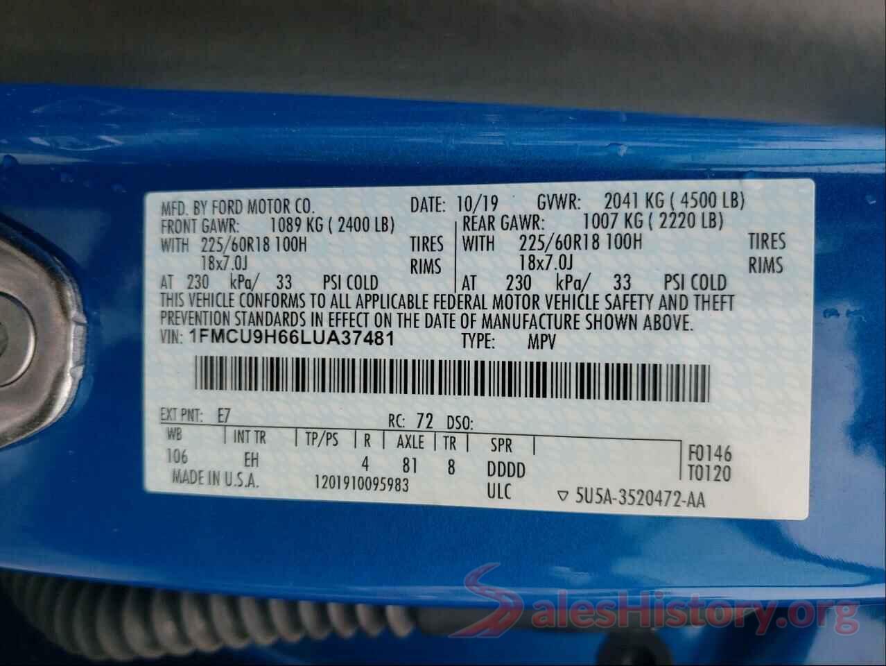 1FMCU9H66LUA37481 2020 FORD ESCAPE