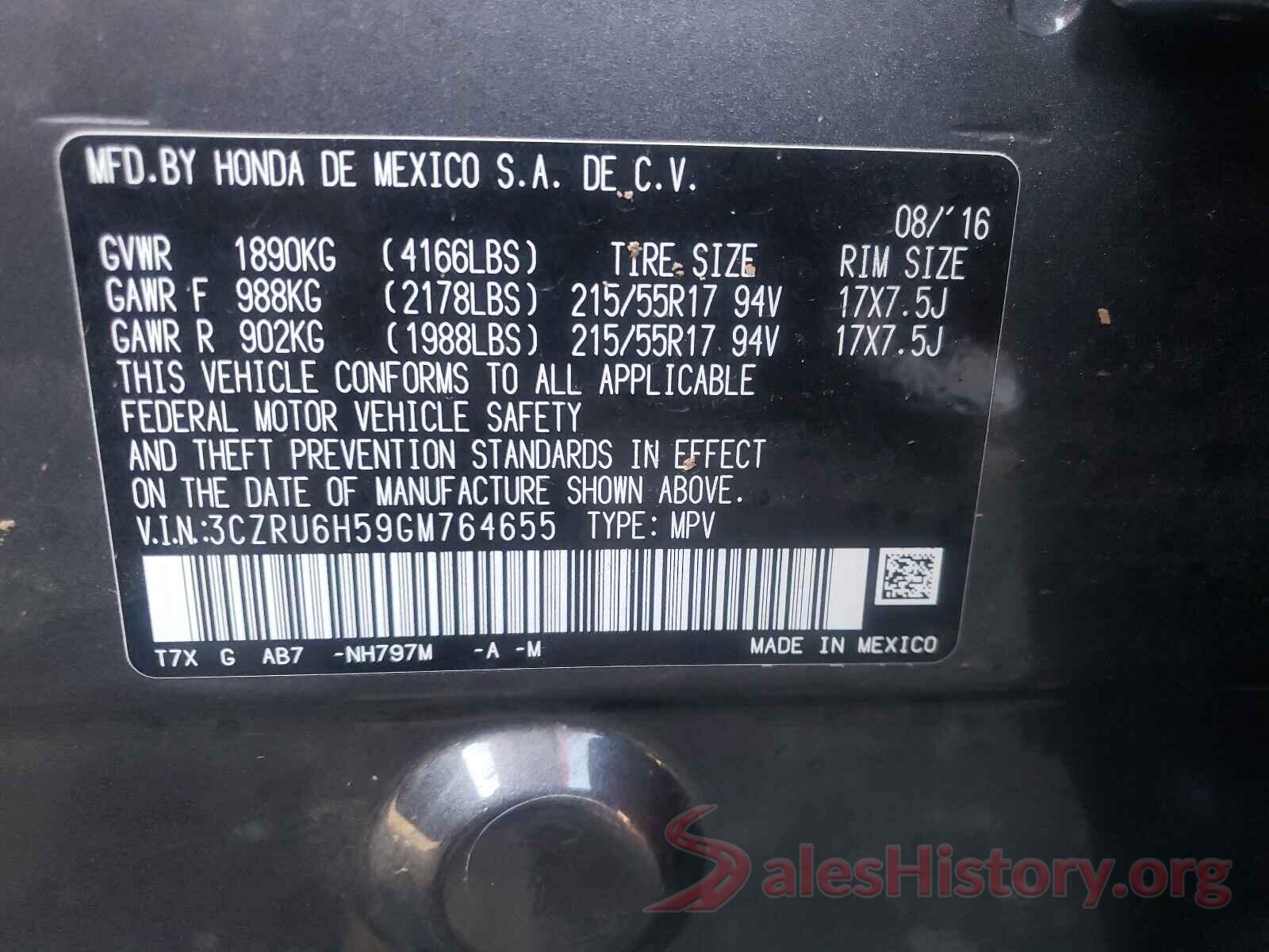 3CZRU6H59GM764655 2016 HONDA HR-V