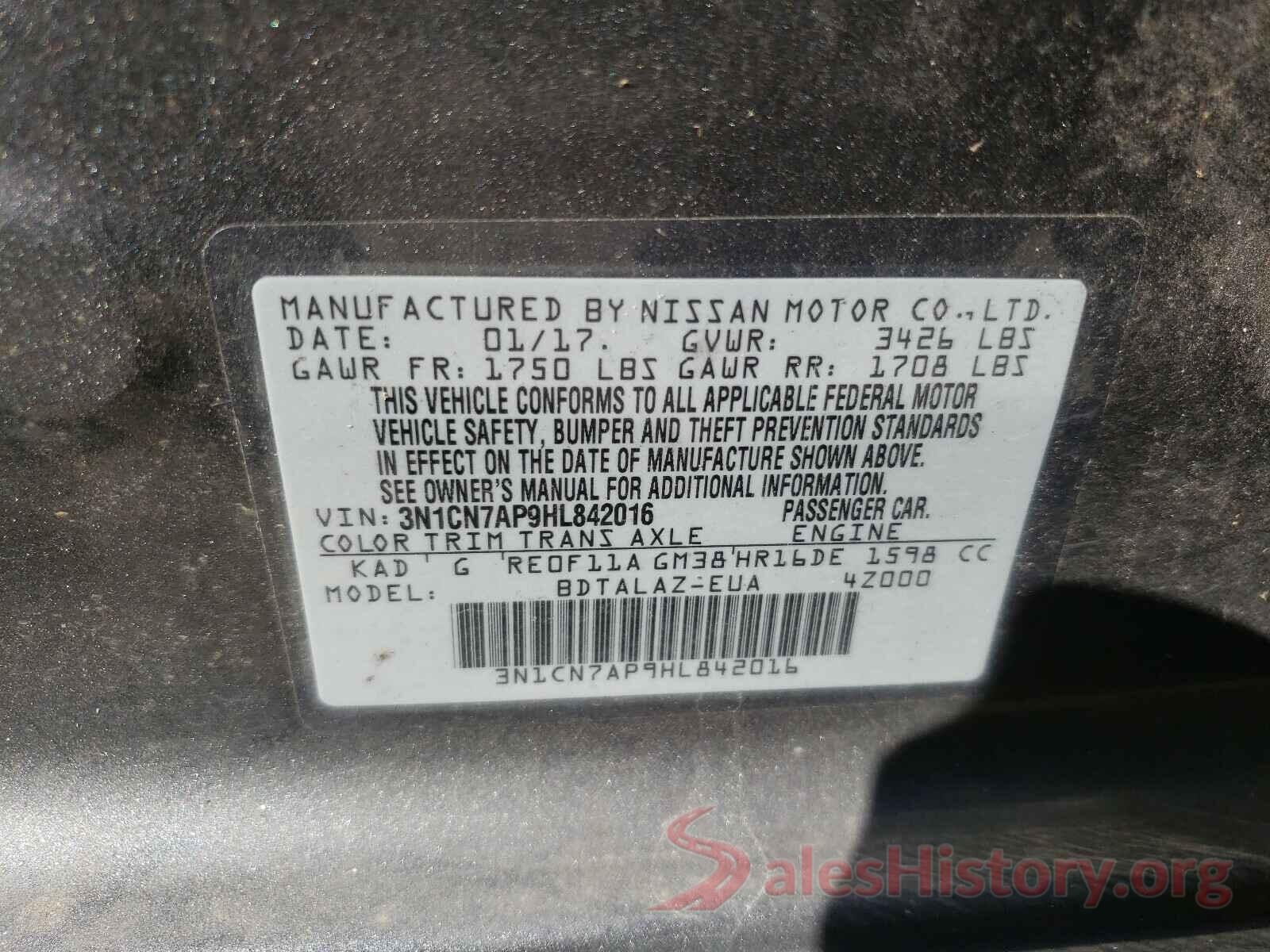 3N1CN7AP9HL842016 2017 NISSAN VERSA