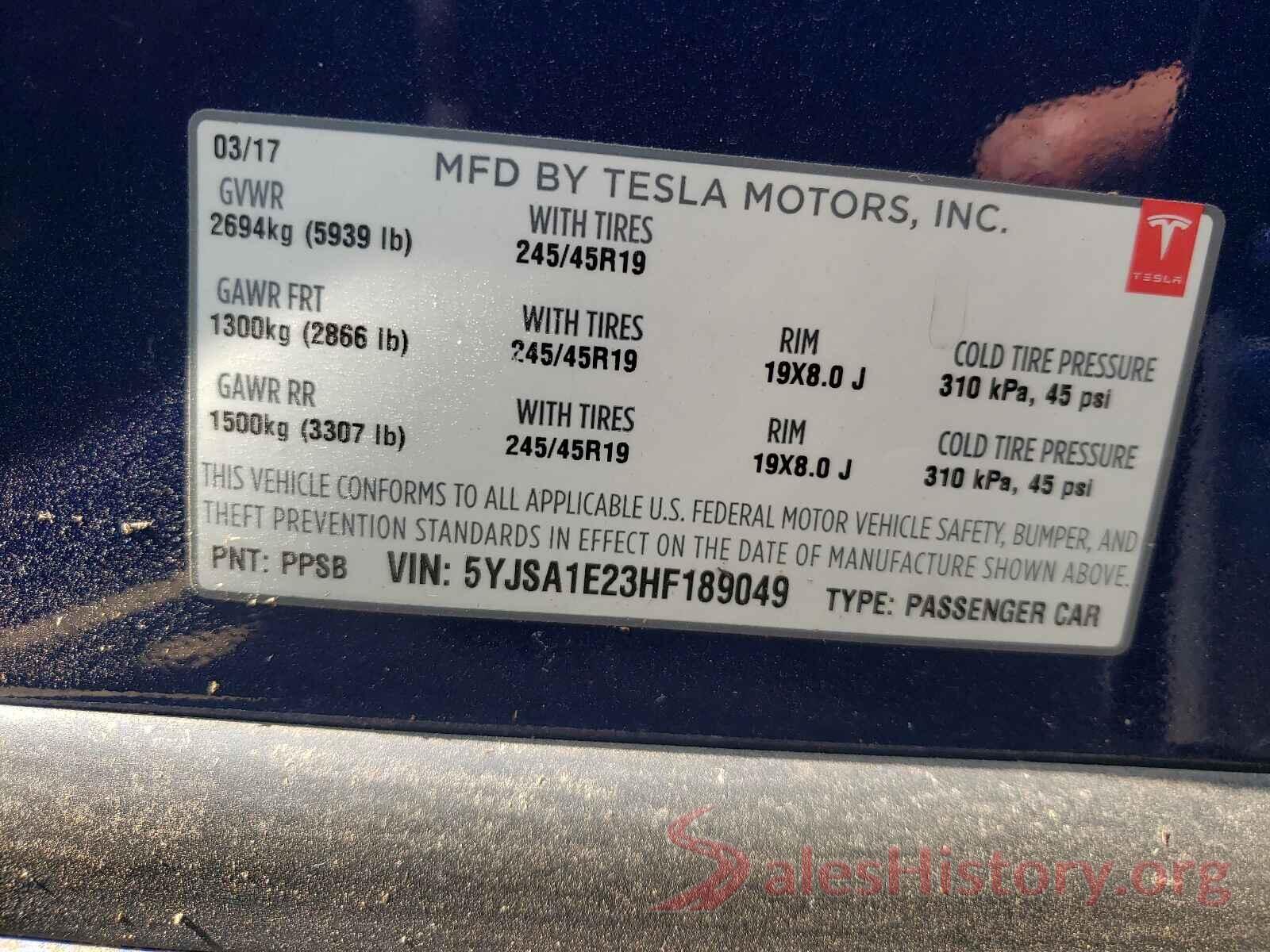 5YJSA1E23HF189049 2017 TESLA MODEL S