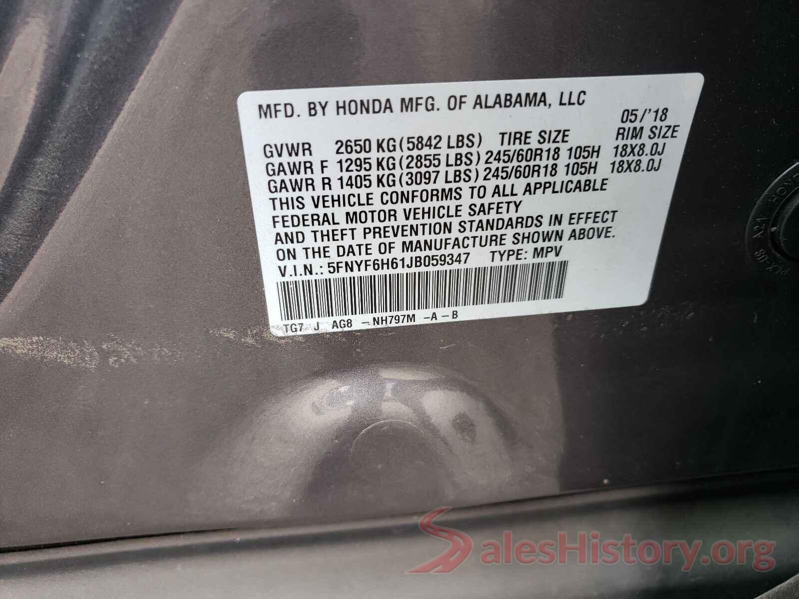 5FNYF6H61JB059347 2018 HONDA PILOT