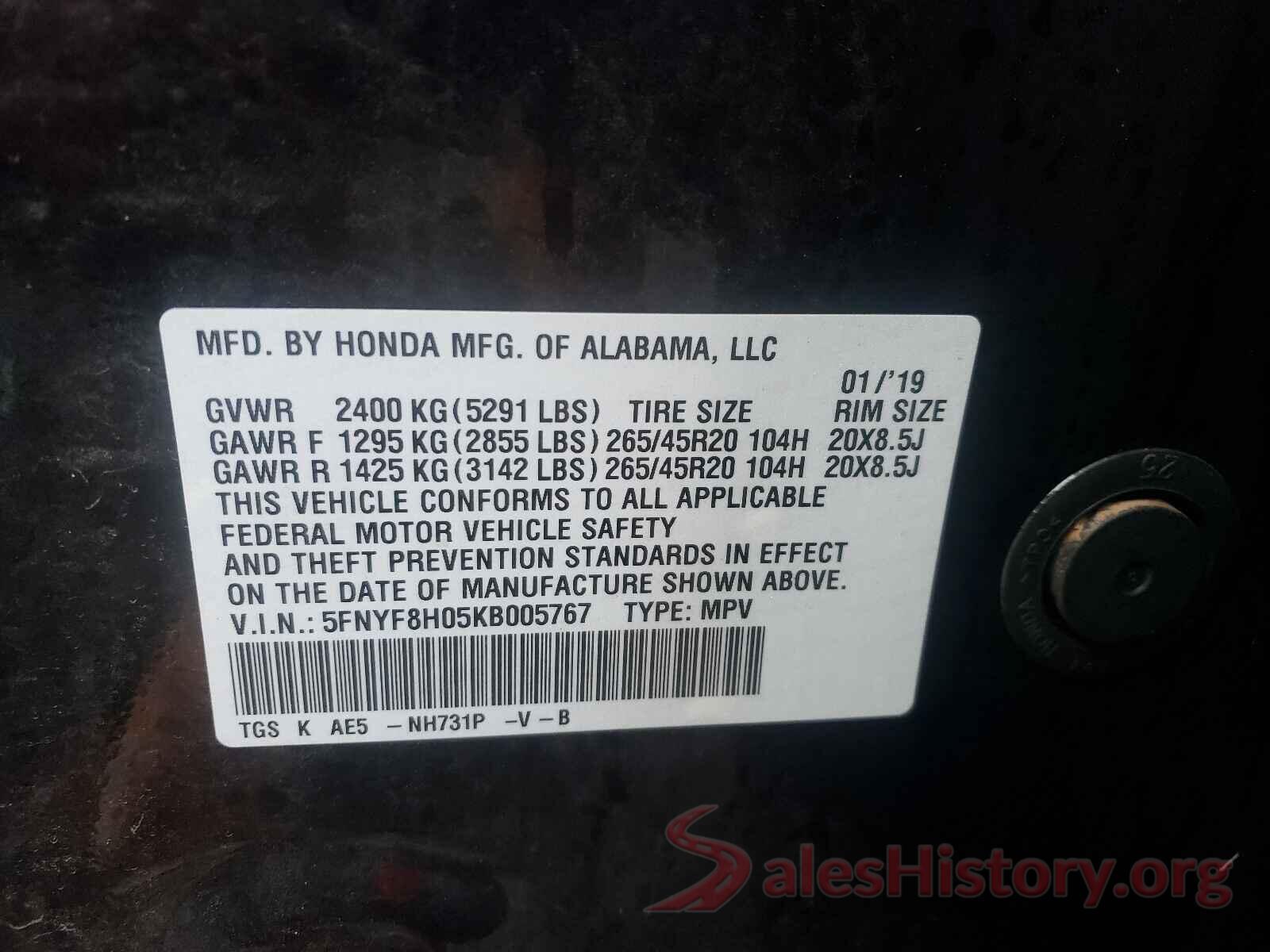 5FNYF8H05KB005767 2019 HONDA PASSPORT