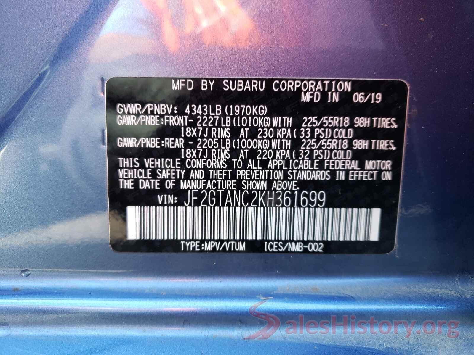 JF2GTANC2KH361699 2019 SUBARU CROSSTREK