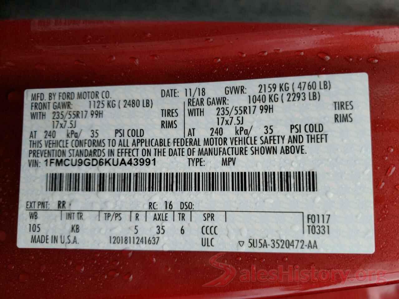 1FMCU9GD6KUA43991 2019 FORD ESCAPE