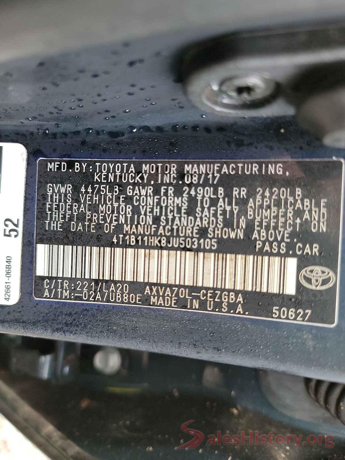 4T1B11HK8JU503105 2018 TOYOTA CAMRY