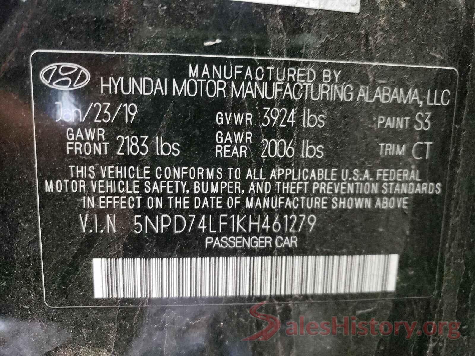 5NPD74LF1KH461279 2019 HYUNDAI ELANTRA