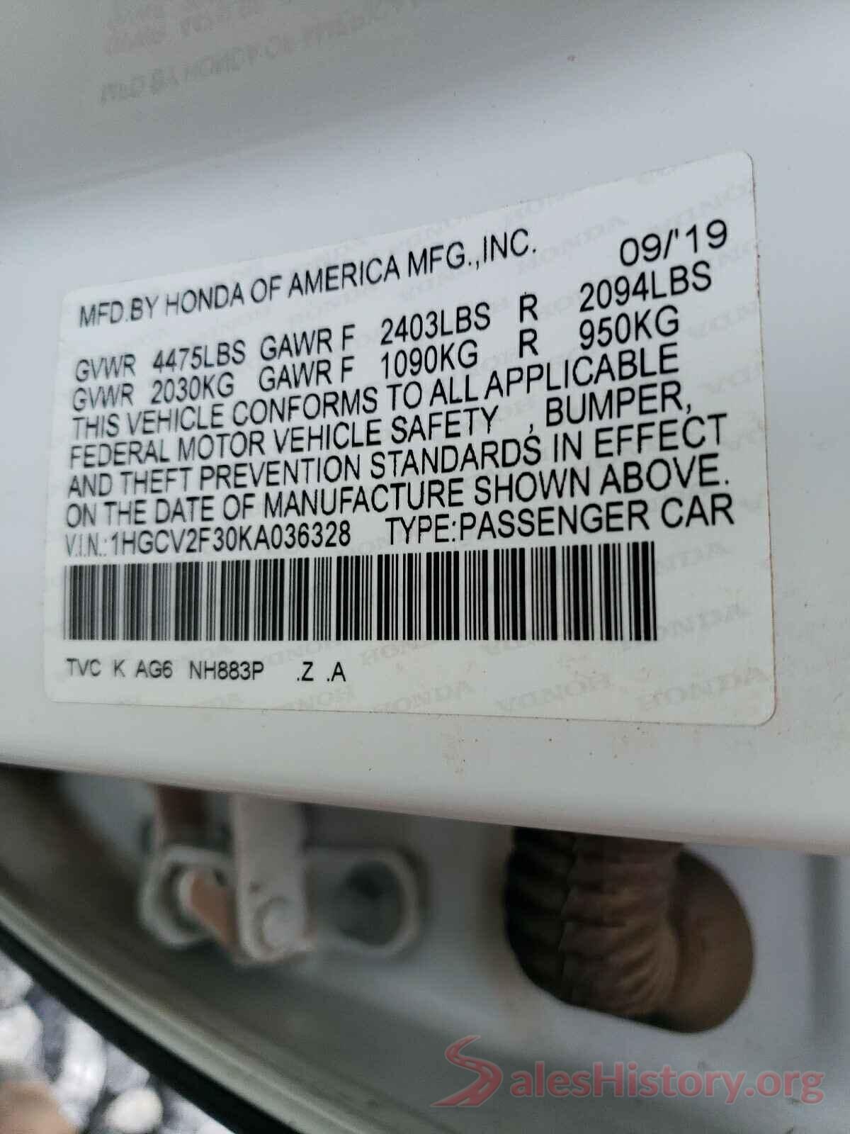 1HGCV2F30KA036328 2019 HONDA ACCORD