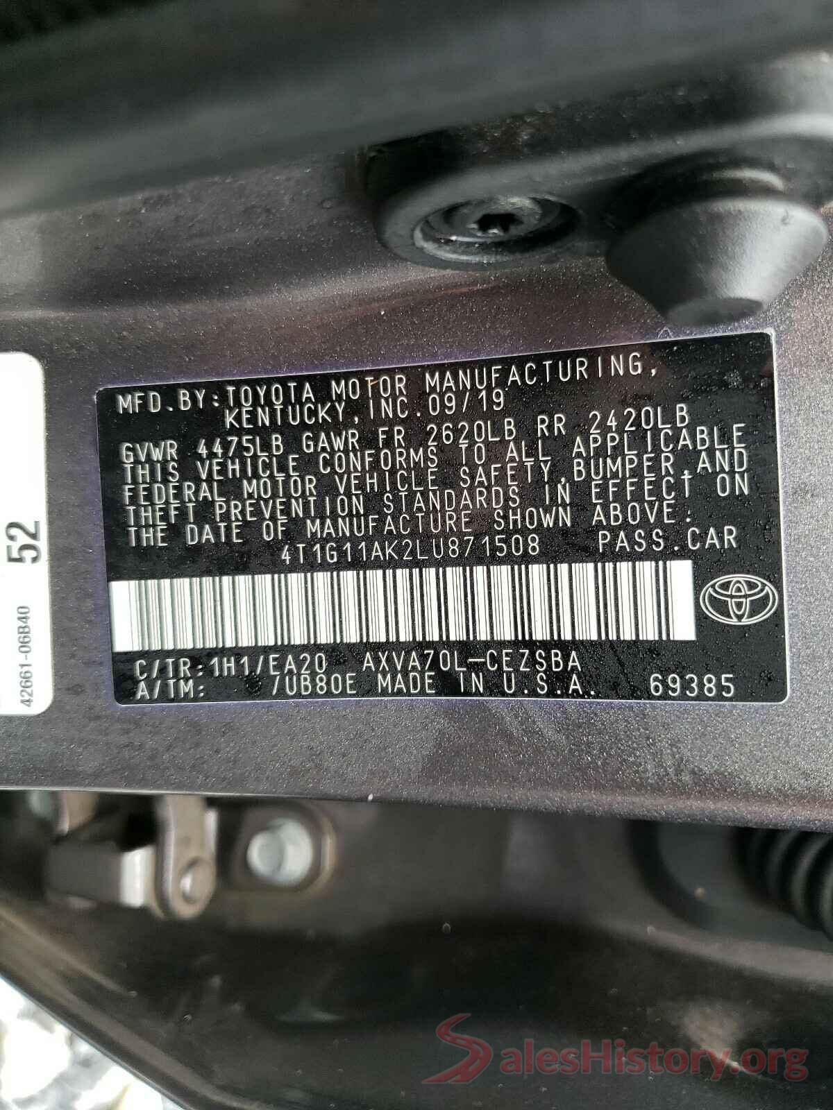 4T1G11AK2LU871508 2020 TOYOTA CAMRY