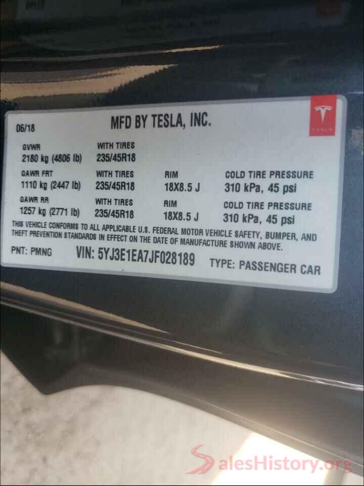 5YJ3E1EA7JF028189 2018 TESLA MODEL 3