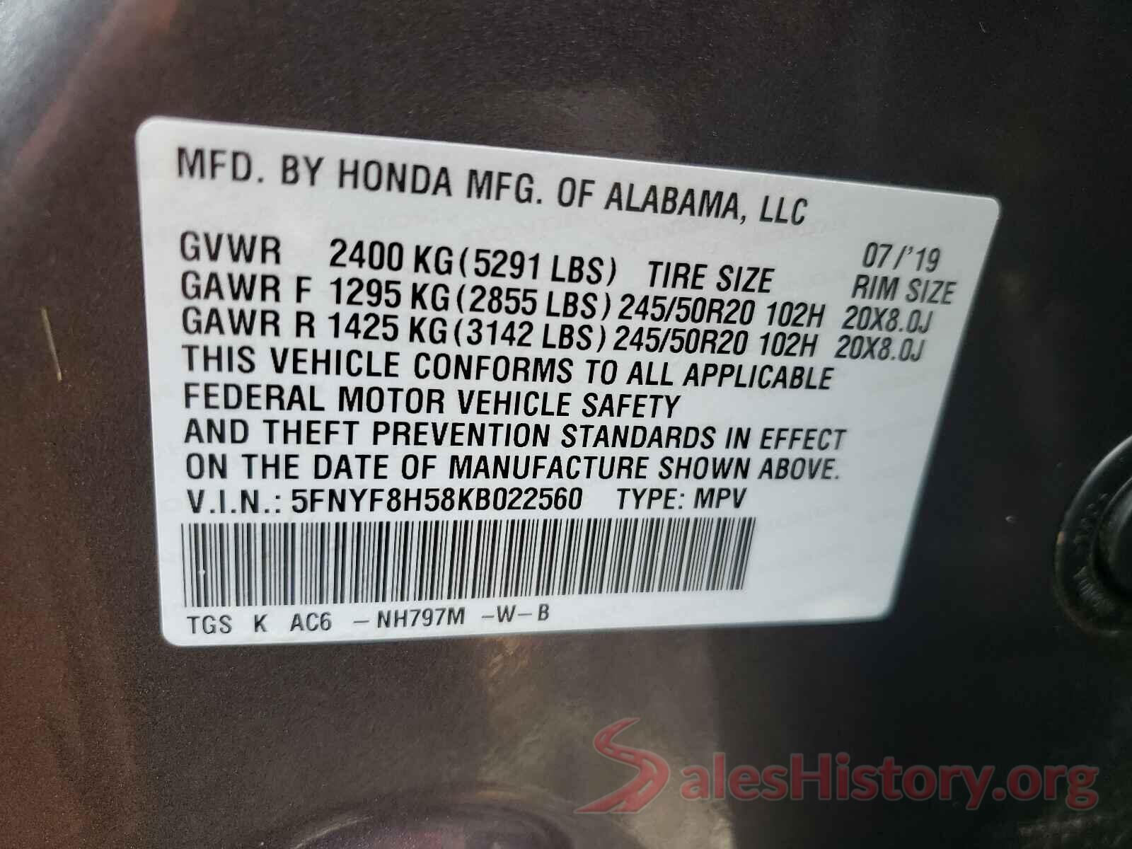 5FNYF8H58KB022560 2019 HONDA PASSPORT