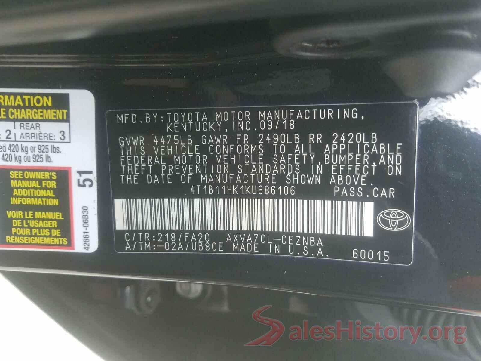 4T1B11HK1KU686106 2019 TOYOTA CAMRY