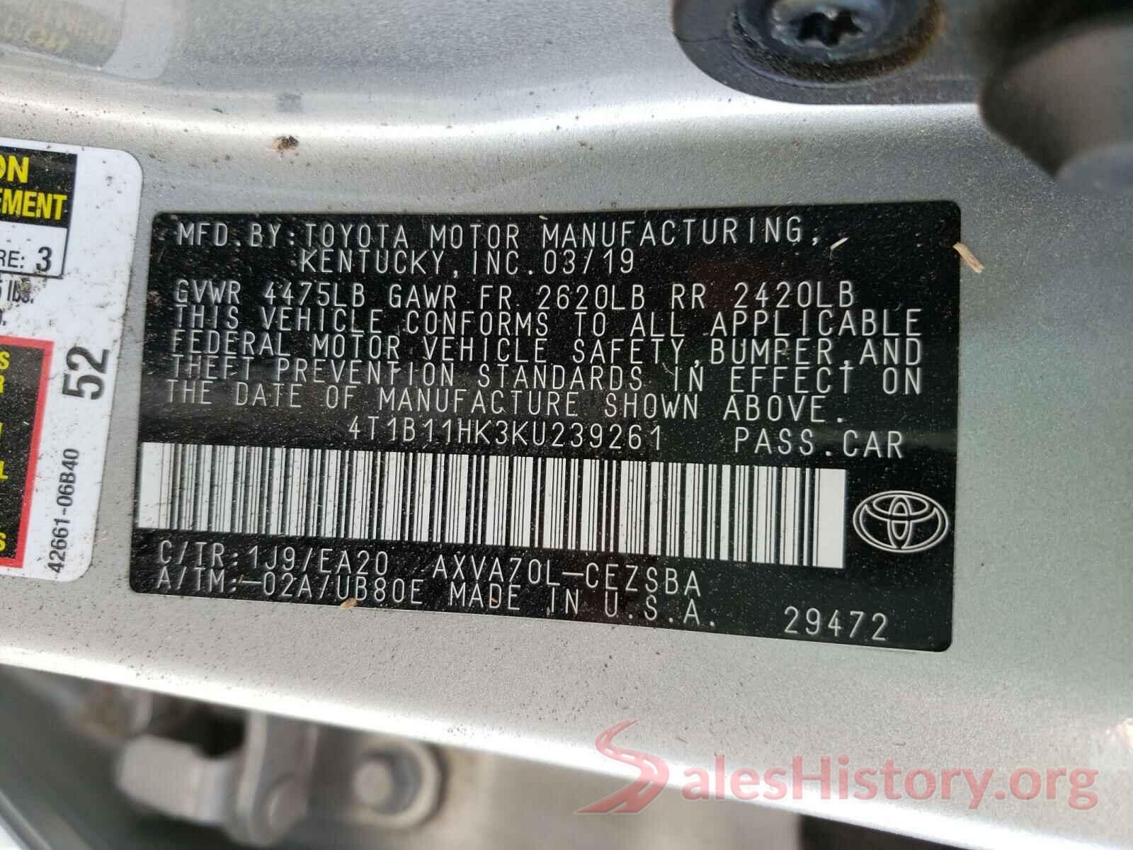 4T1B11HK3KU239261 2019 TOYOTA CAMRY