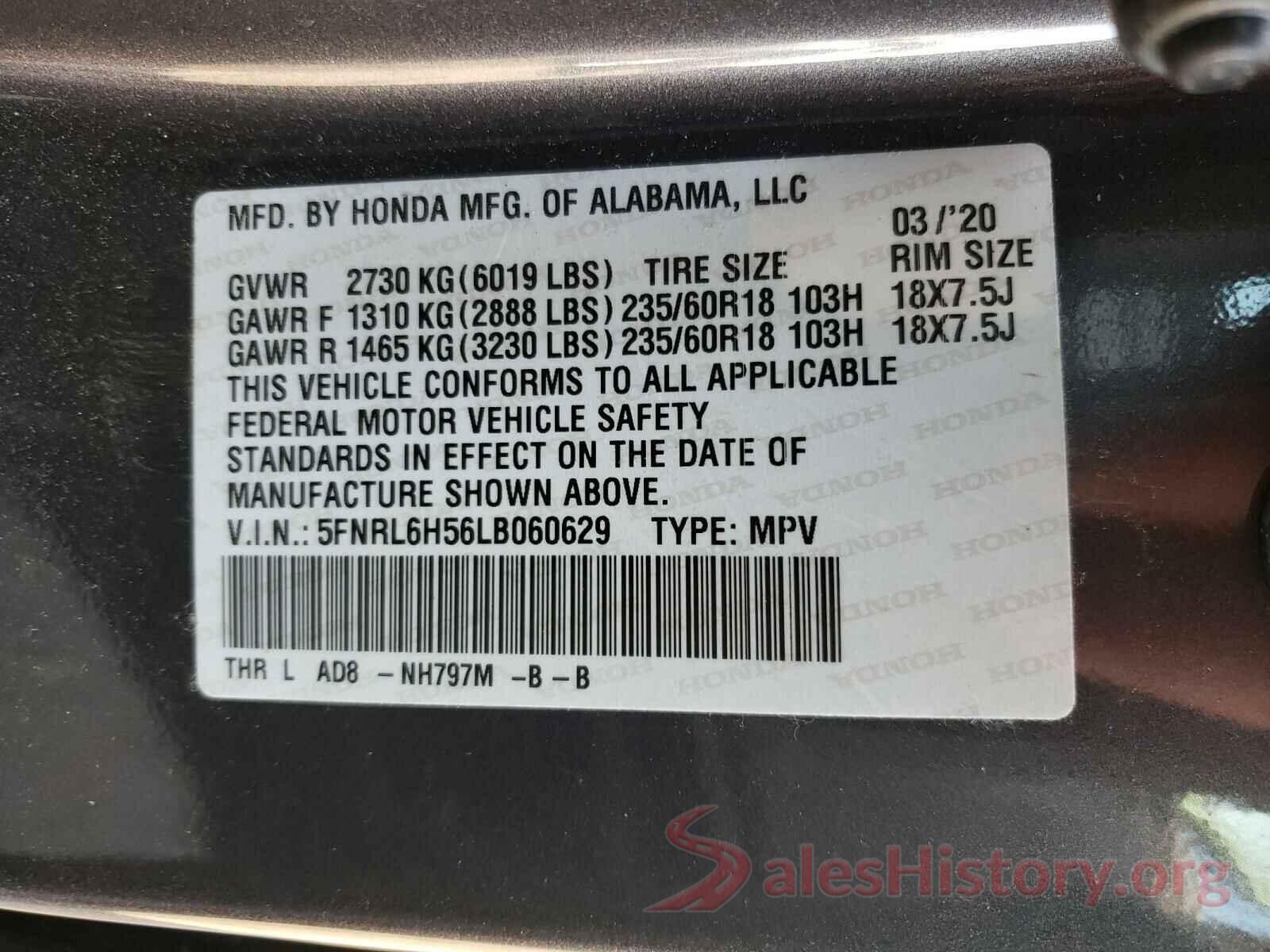 5FNRL6H56LB060629 2020 HONDA ODYSSEY