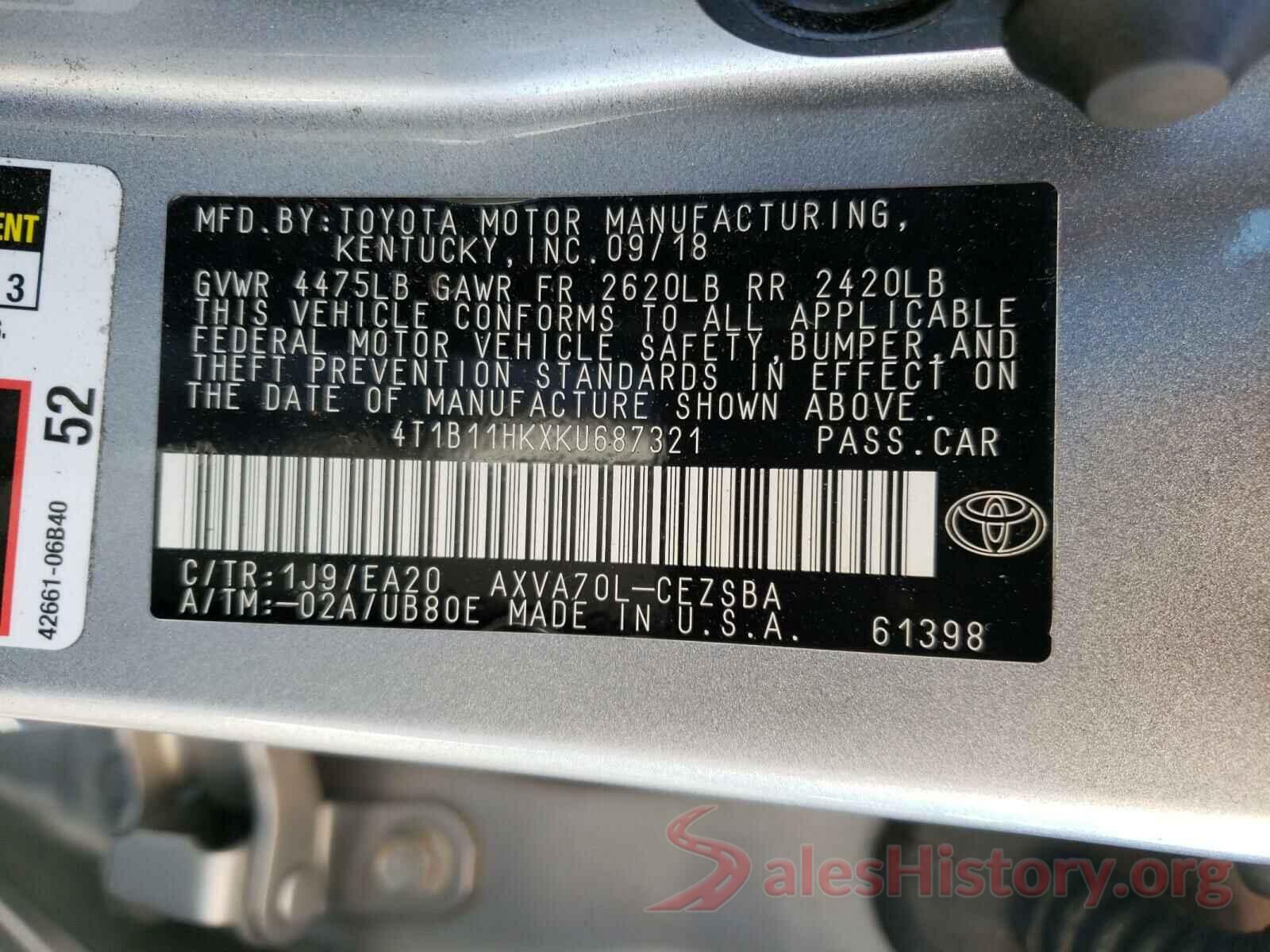 4T1B11HKXKU687321 2019 TOYOTA CAMRY