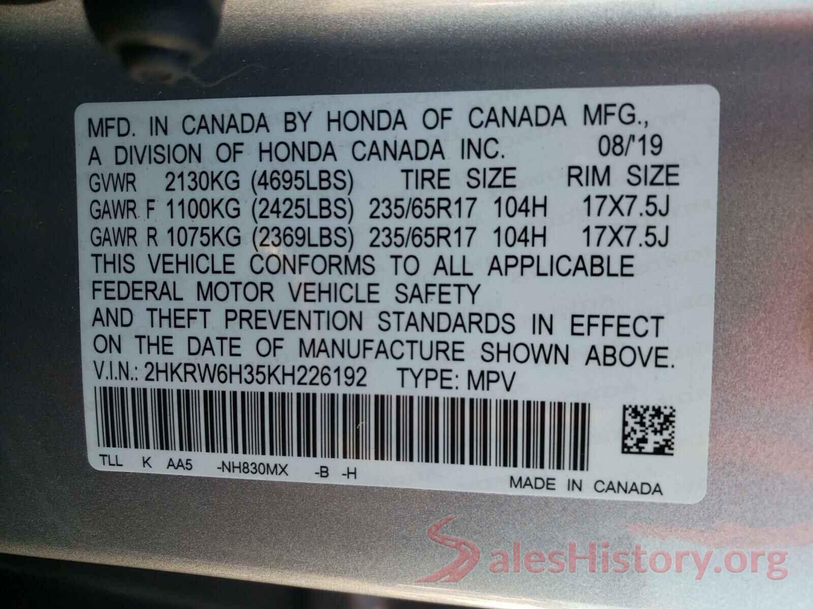 2HKRW6H35KH226192 2019 HONDA CRV