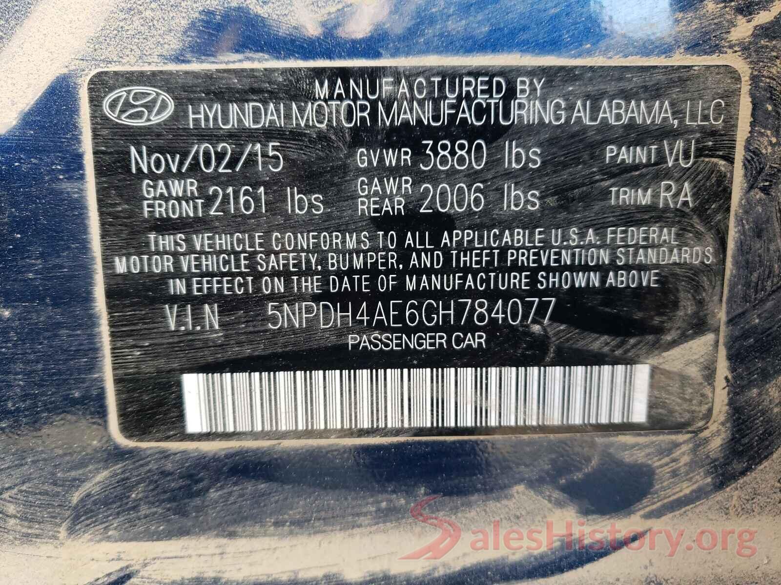 5NPDH4AE6GH784077 2016 HYUNDAI ELANTRA