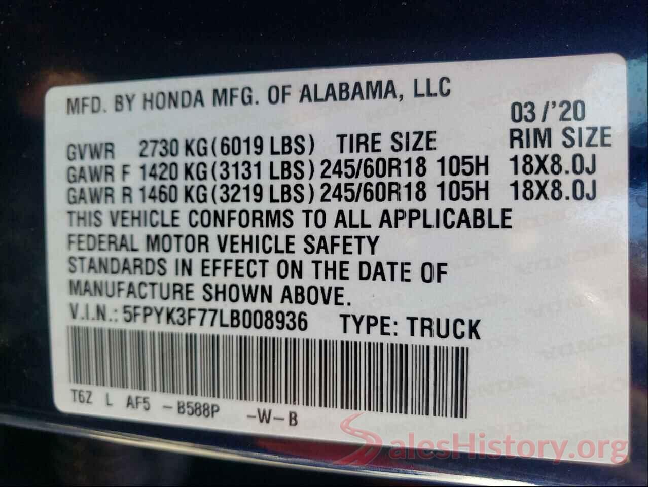 5FPYK3F77LB008936 2020 HONDA RIDGELINE