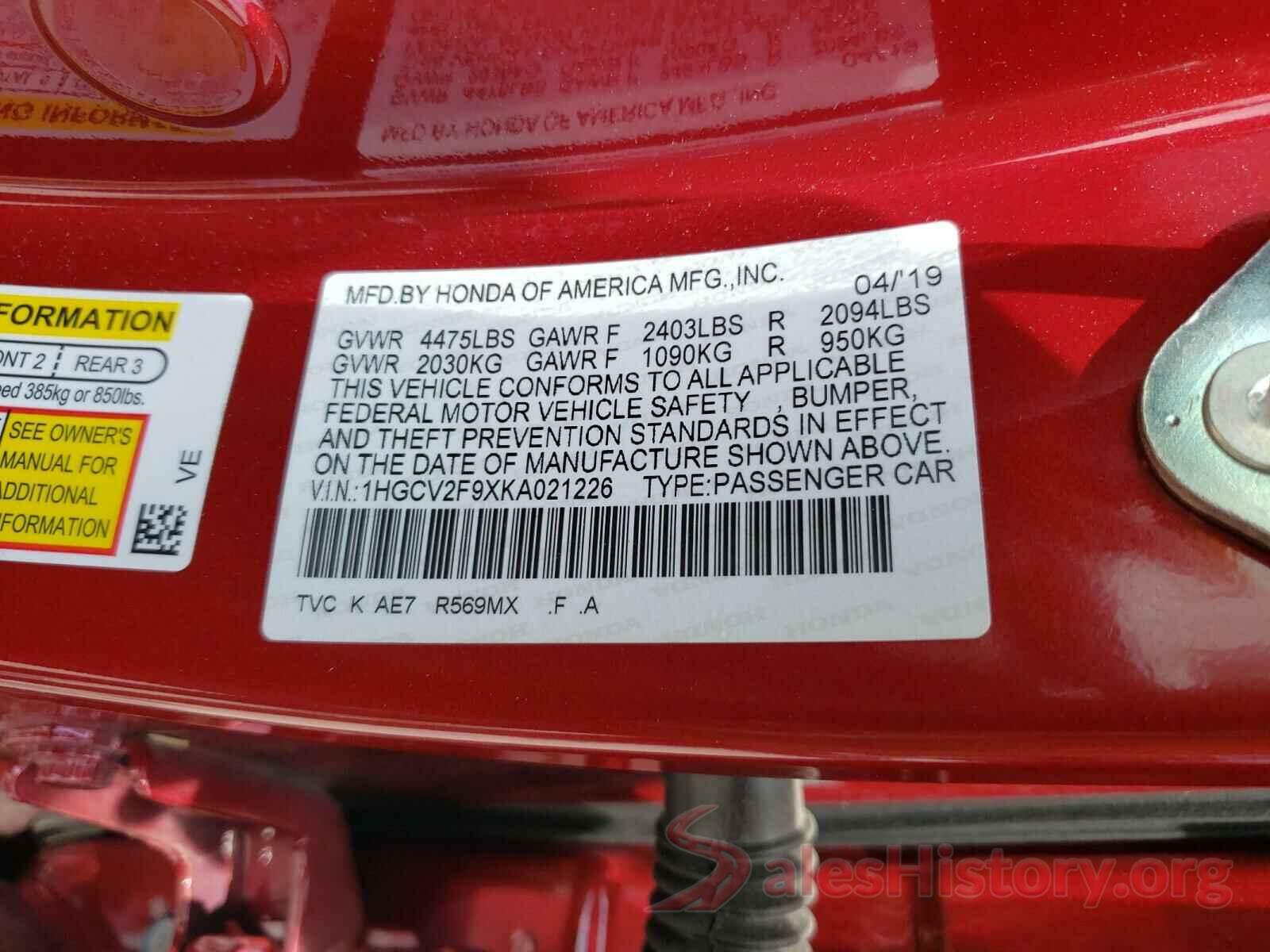 1HGCV2F9XKA021226 2019 HONDA ACCORD