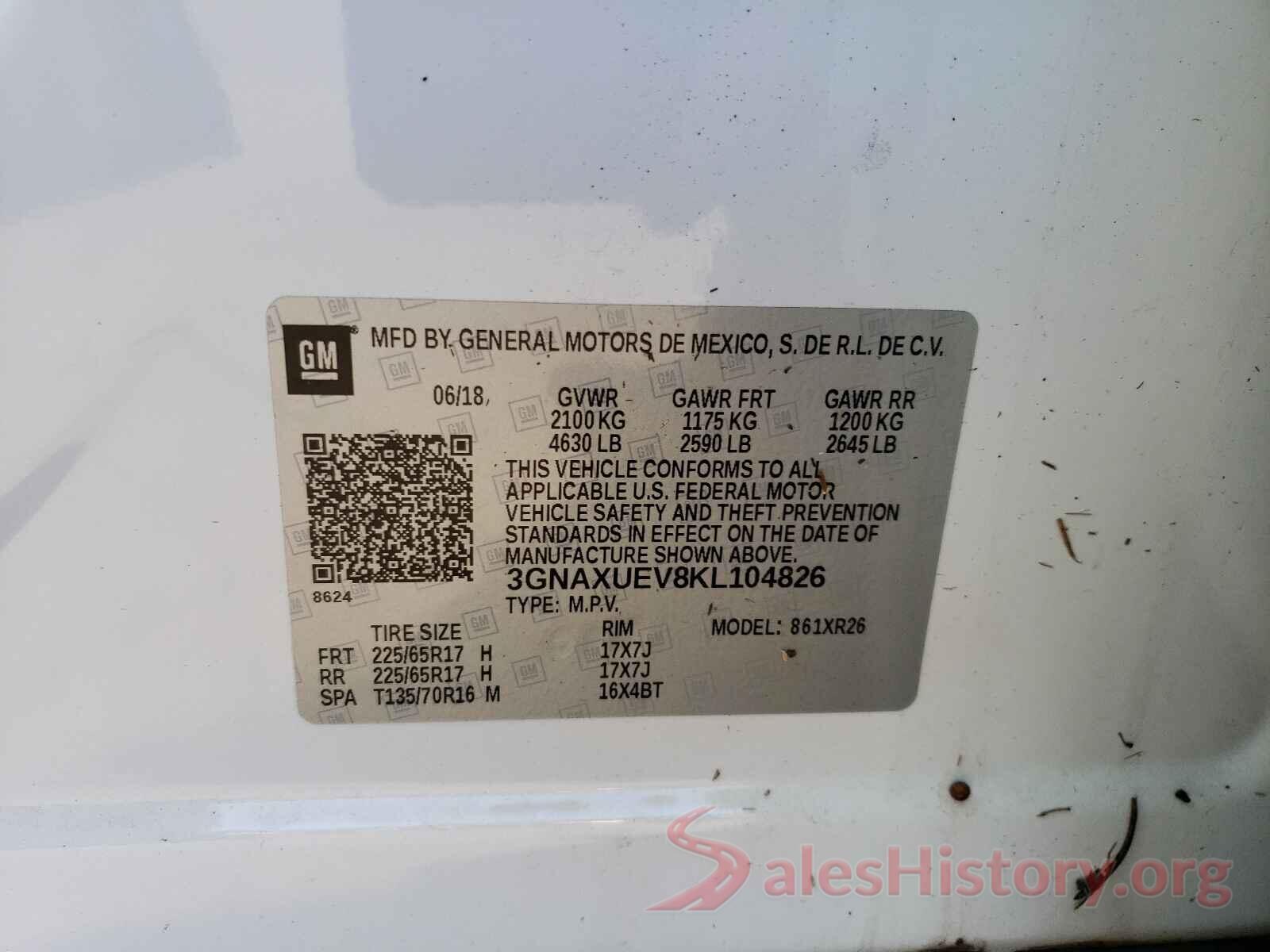 3GNAXUEV8KL104826 2019 CHEVROLET EQUINOX