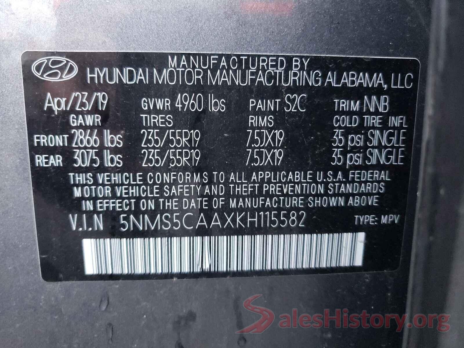 5NMS5CAAXKH115582 2019 HYUNDAI SANTA FE