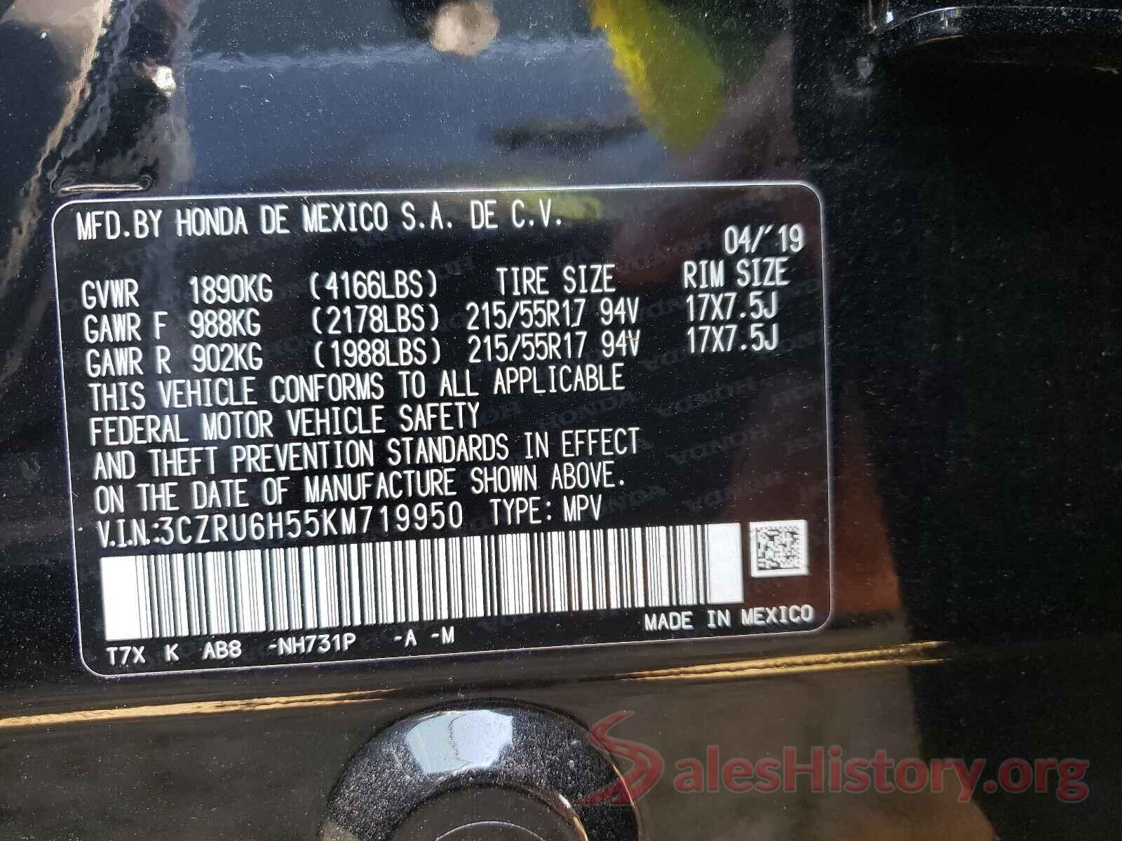 3CZRU6H55KM719950 2019 HONDA HR-V