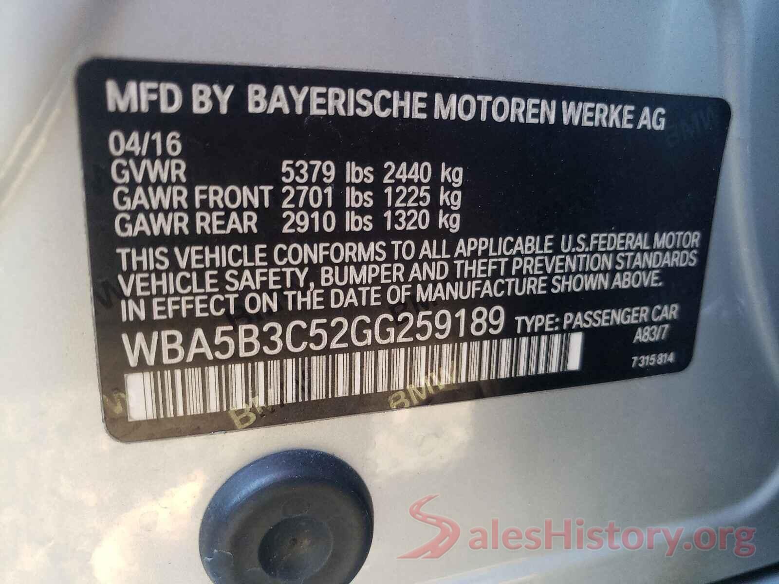 WBA5B3C52GG259189 2016 BMW 5 SERIES