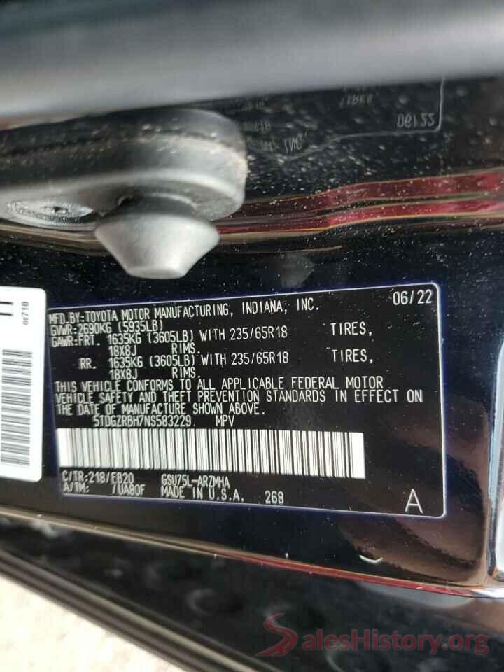 5TDGZRBH7NS583229 2022 TOYOTA HIGHLANDER