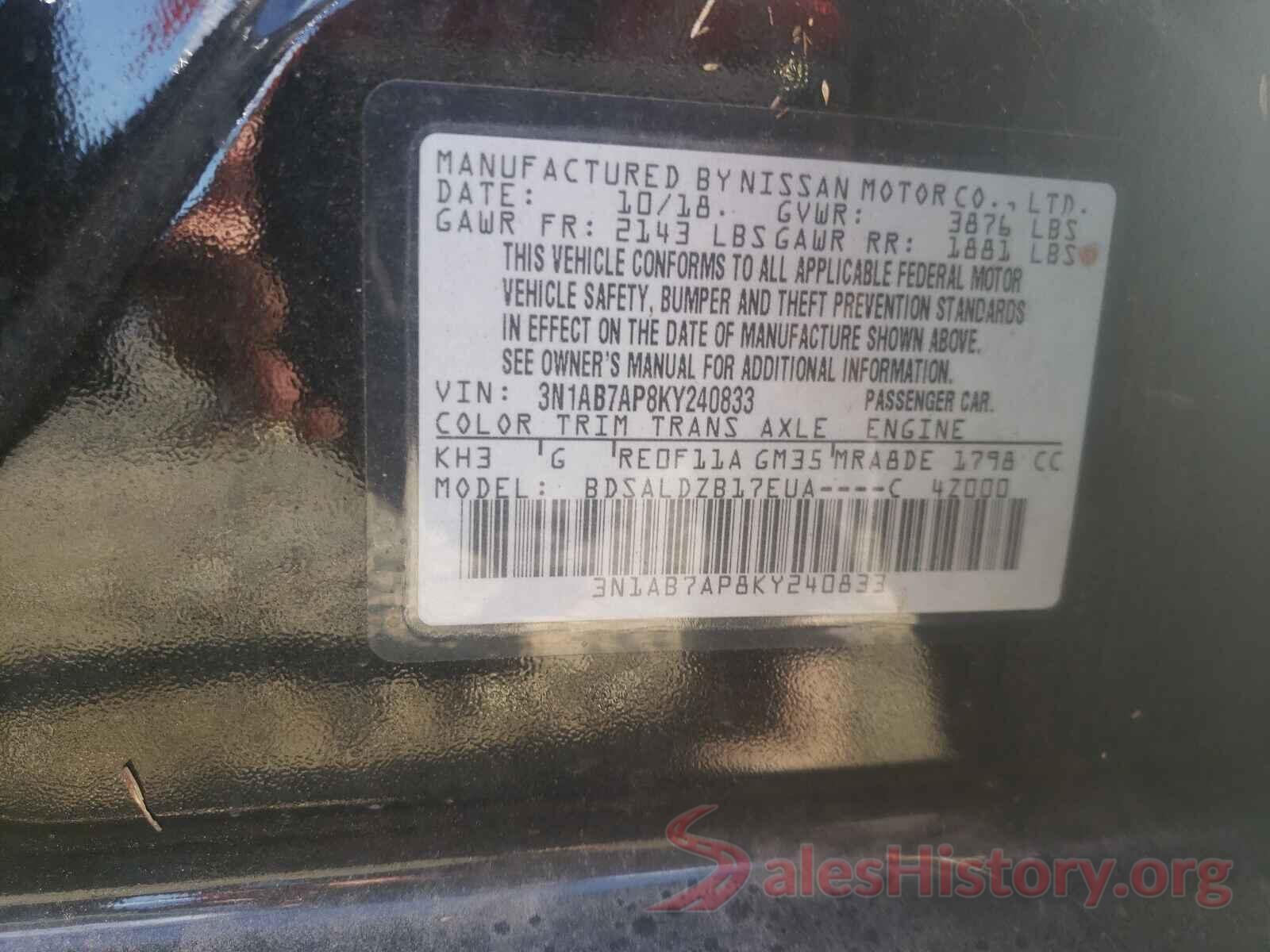 3N1AB7AP8KY240833 2019 NISSAN SENTRA