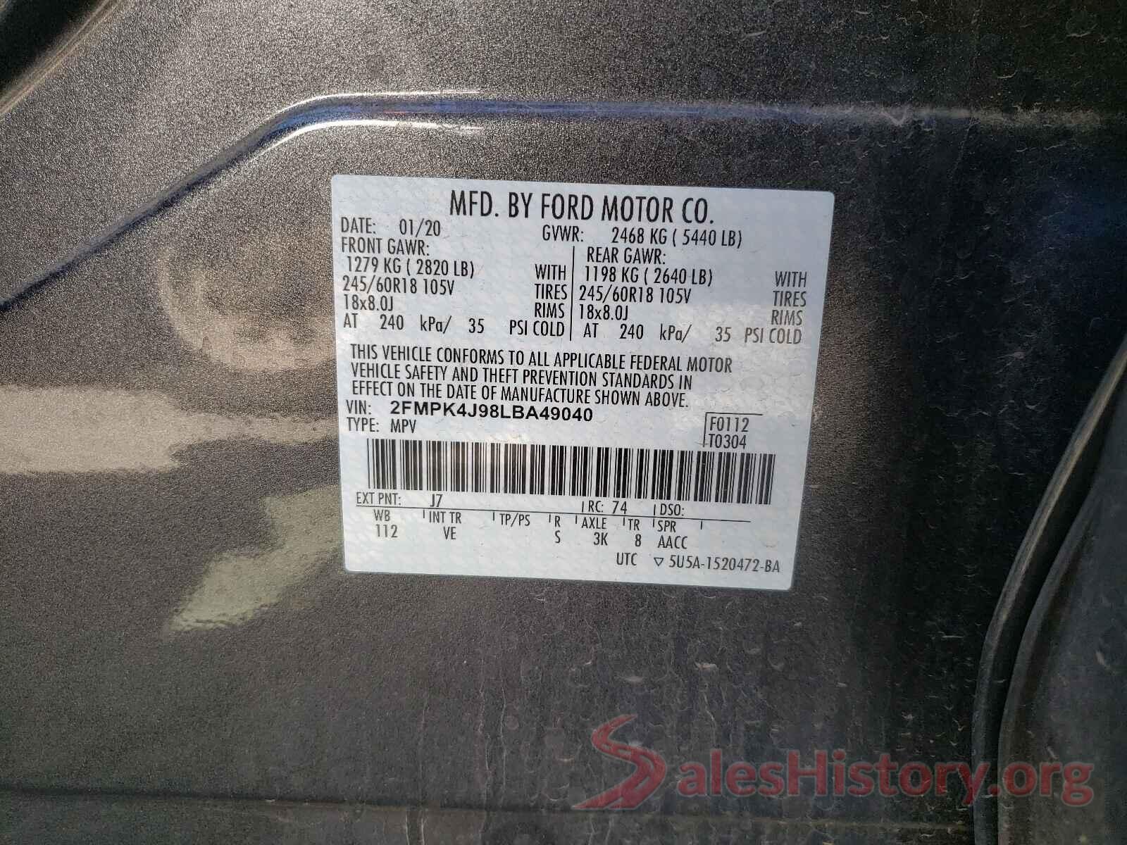 2FMPK4J98LBA49040 2020 FORD EDGE