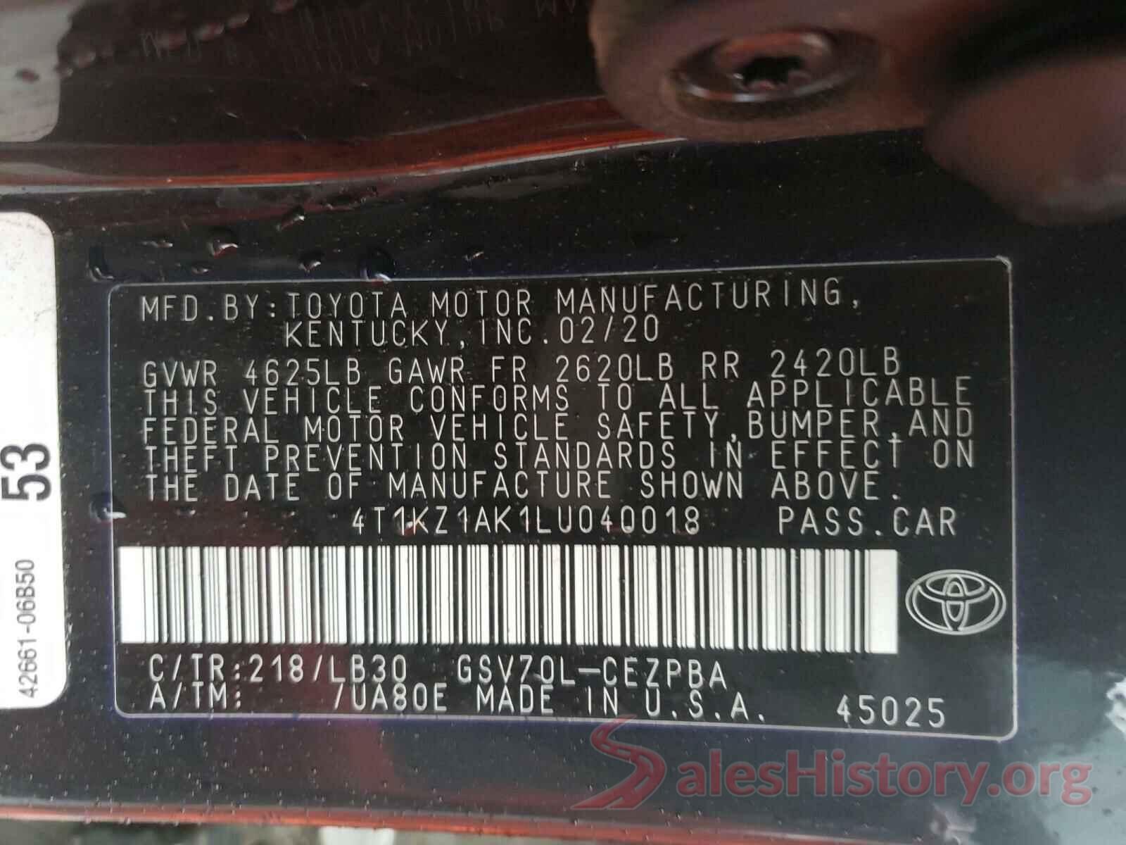 4T1KZ1AK1LU040018 2020 TOYOTA CAMRY