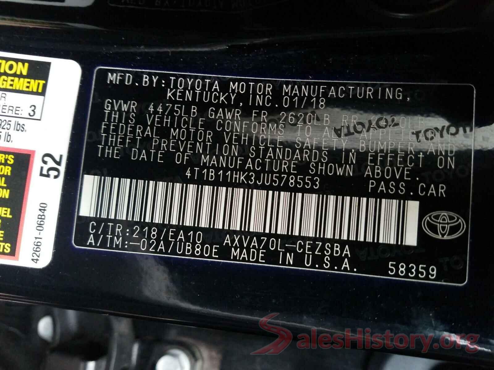 4T1B11HK3JU578553 2018 TOYOTA CAMRY