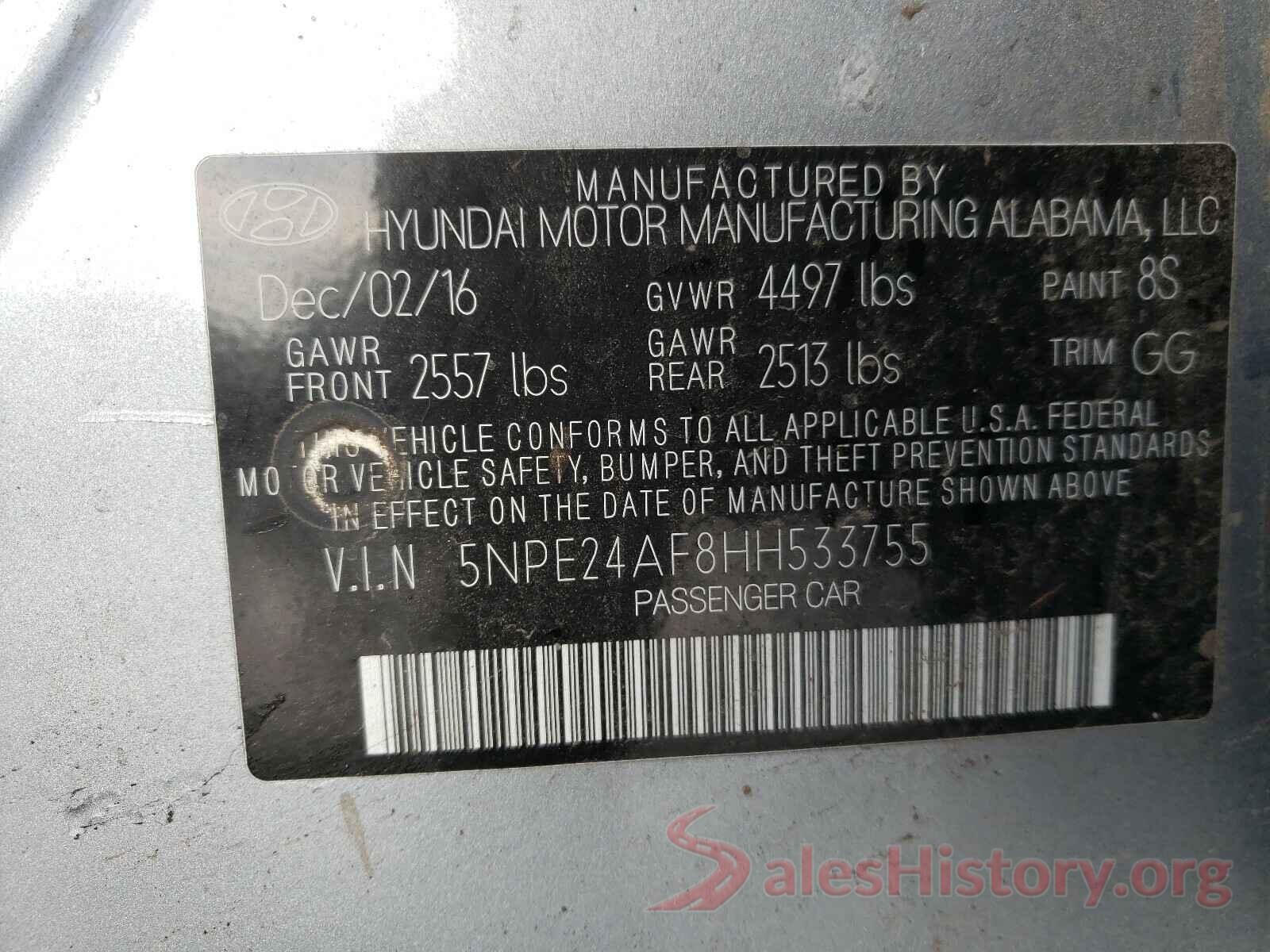 5NPE24AF8HH533755 2017 HYUNDAI SONATA