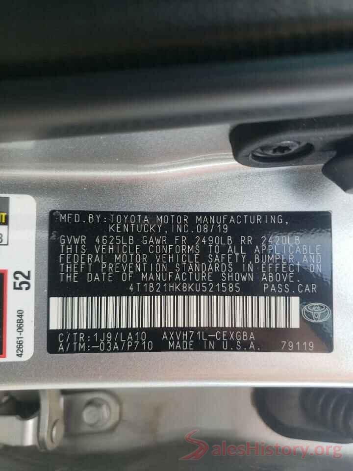 4T1B21HK8KU521585 2019 TOYOTA CAMRY