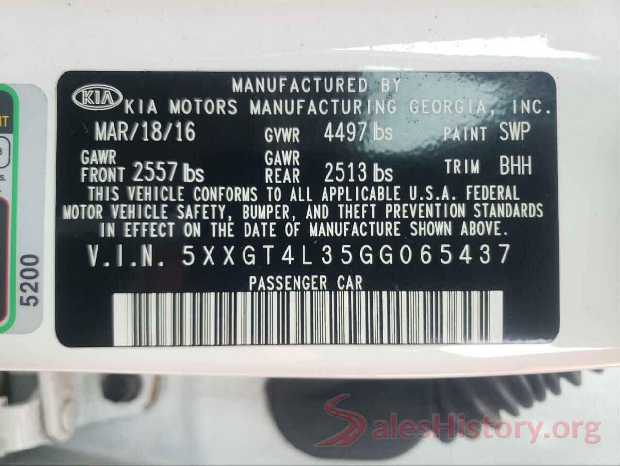 5XXGT4L35GG065437 2016 KIA OPTIMA