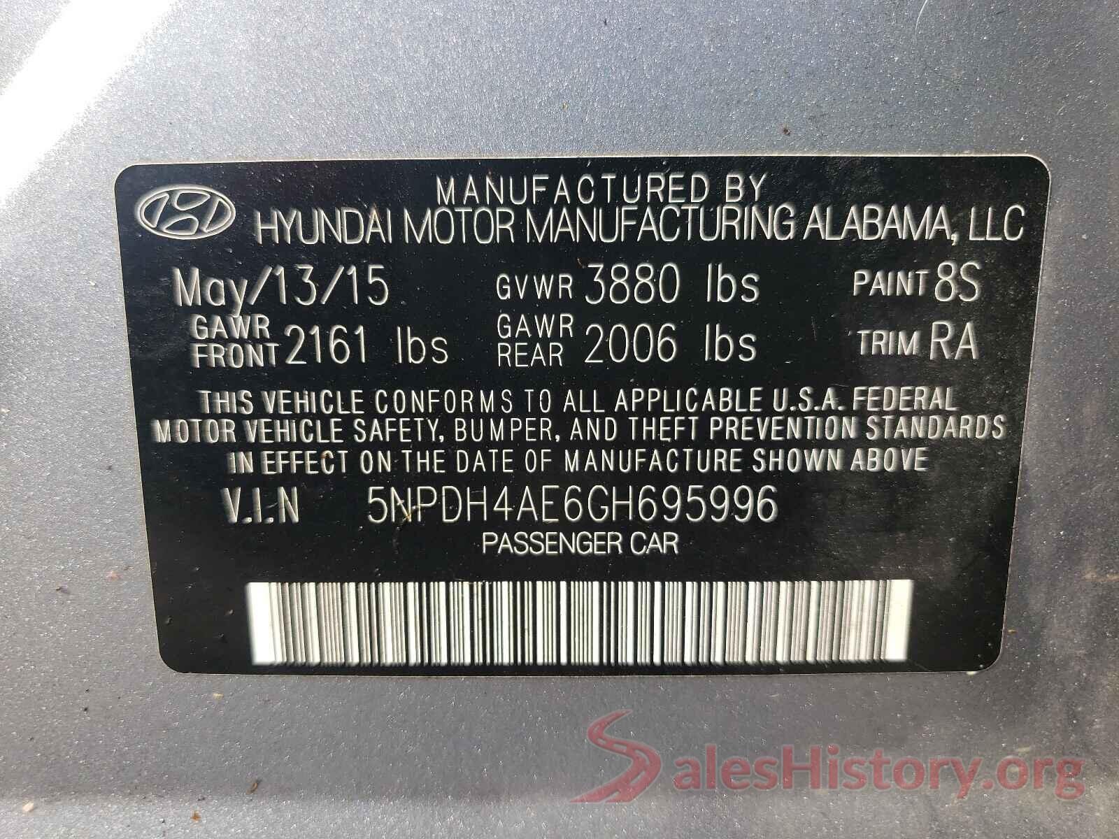 5NPDH4AE6GH695996 2016 HYUNDAI ELANTRA