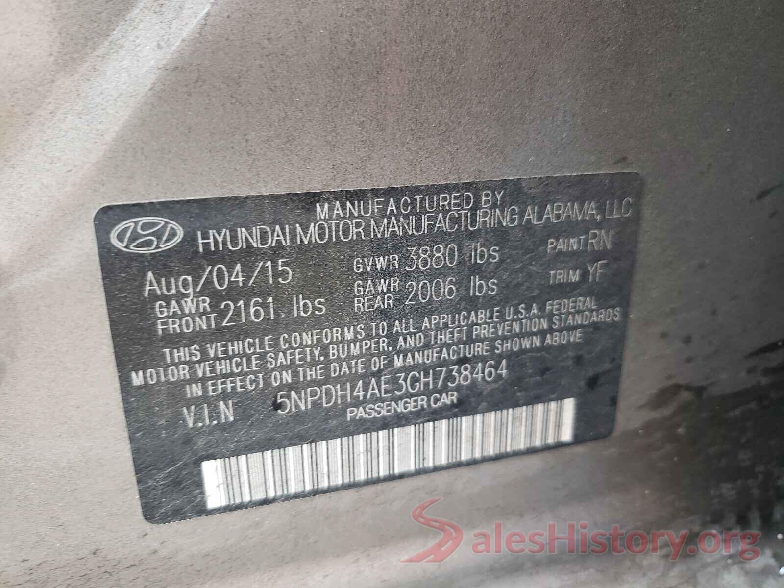 5NPDH4AE3GH738464 2016 HYUNDAI ELANTRA