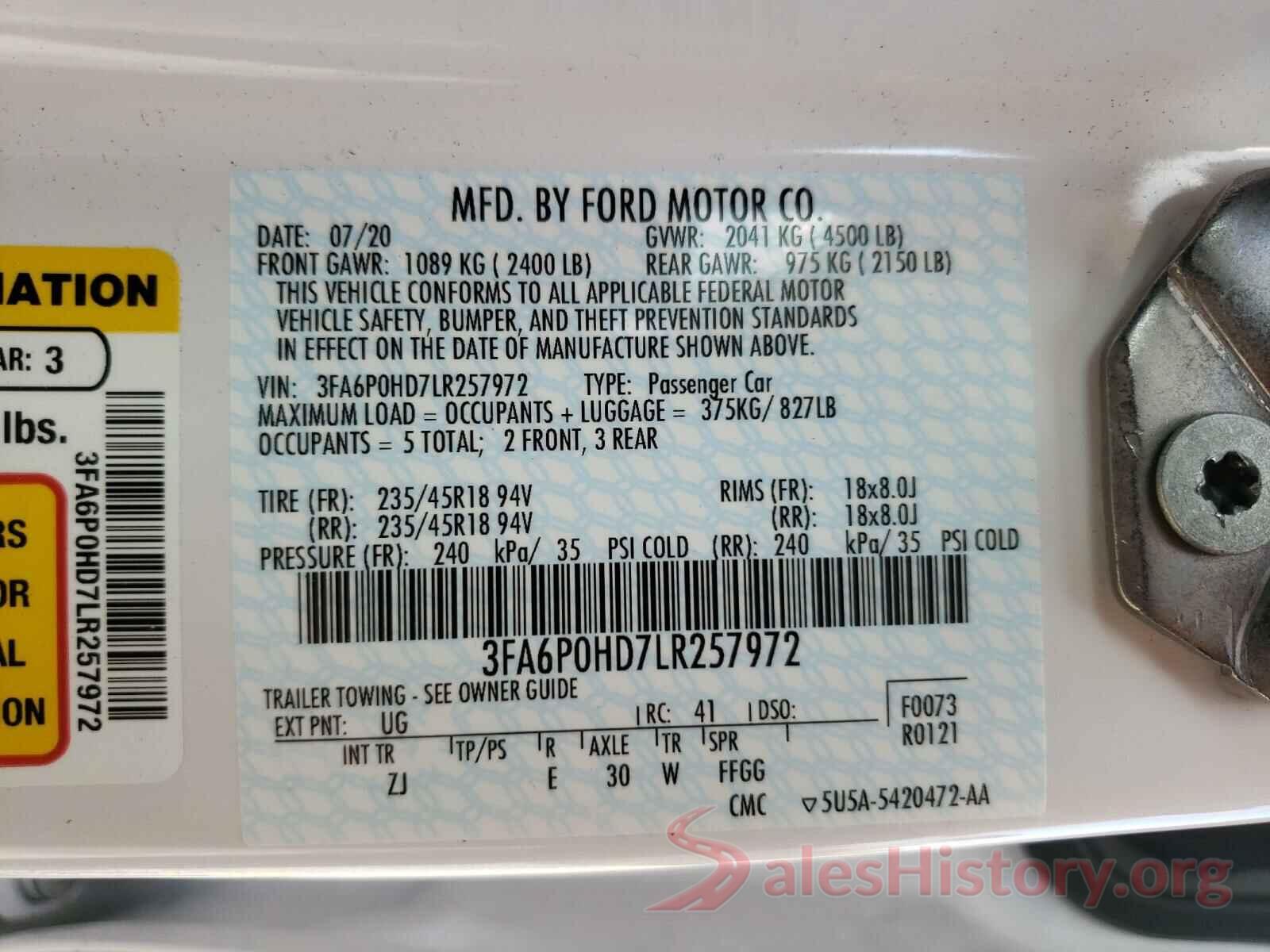 3FA6P0HD7LR257972 2020 FORD FUSION