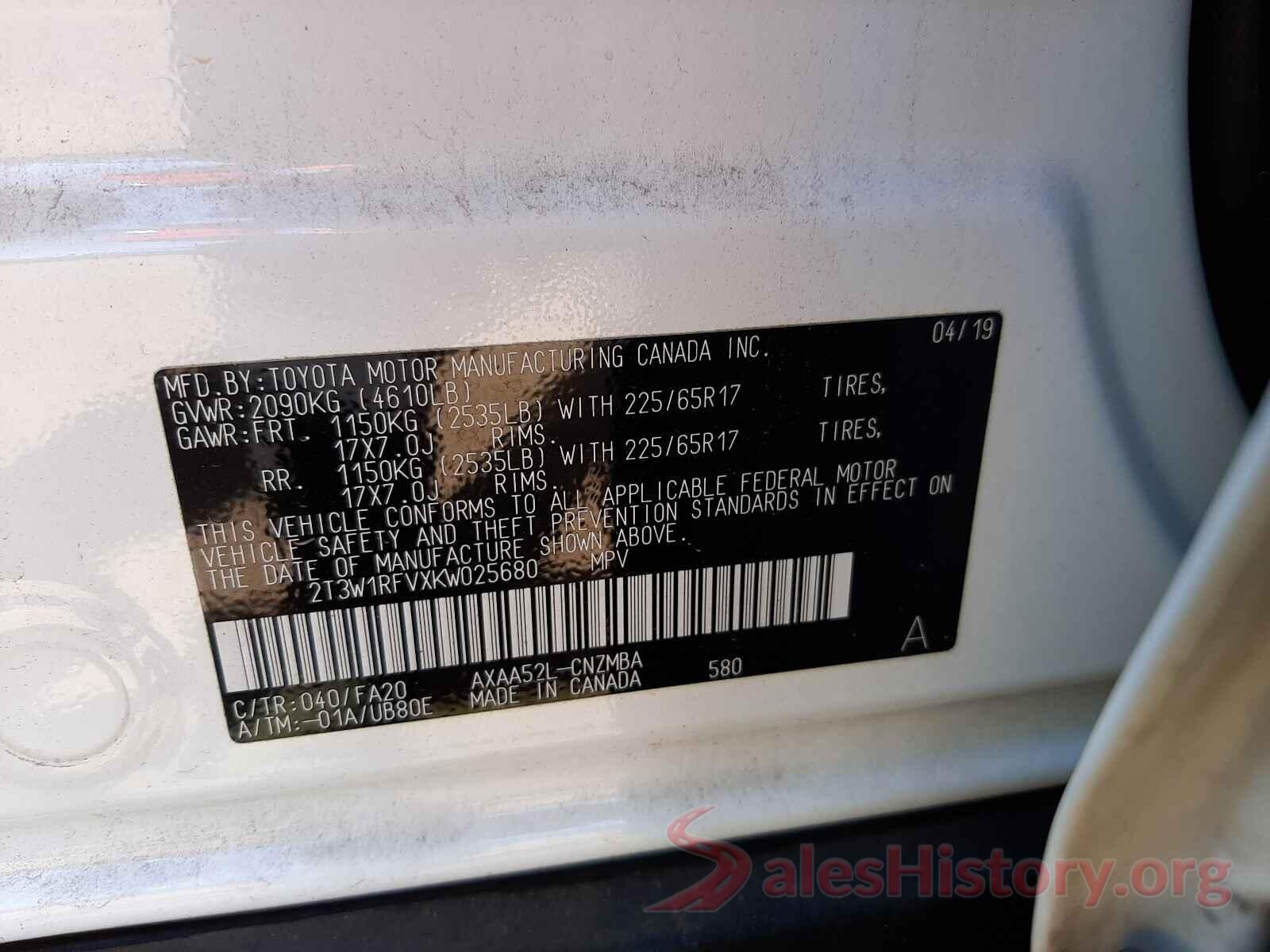 2T3W1RFVXKW025680 2019 TOYOTA RAV4