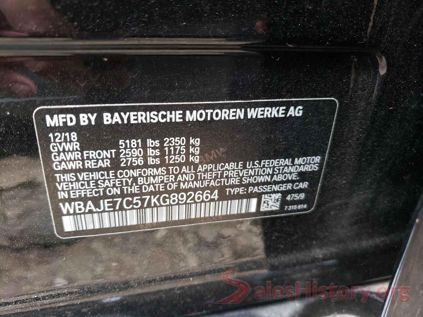 WBAJE7C57KG892664 2019 BMW 5 SERIES