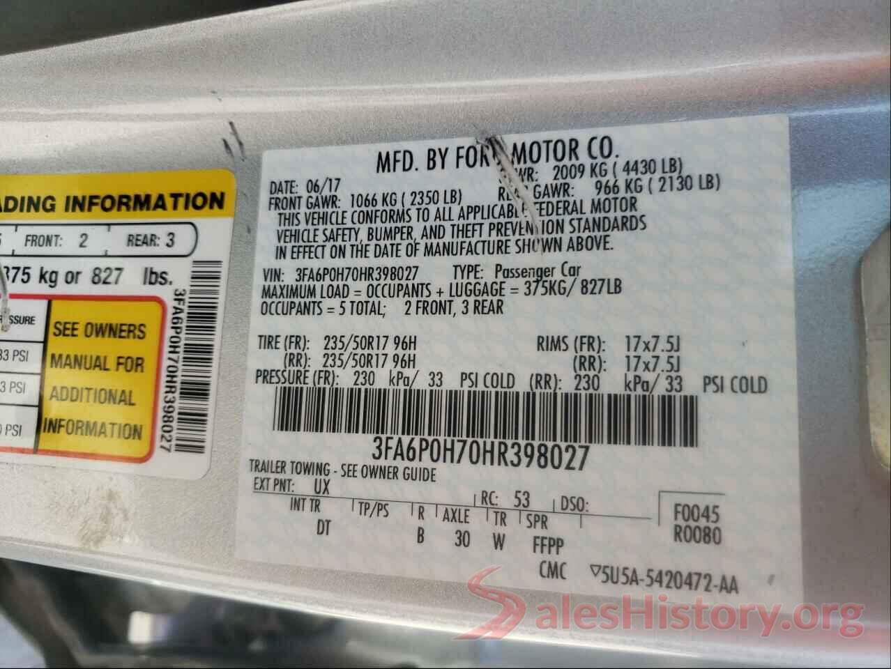 3FA6P0H70HR398027 2017 FORD FUSION