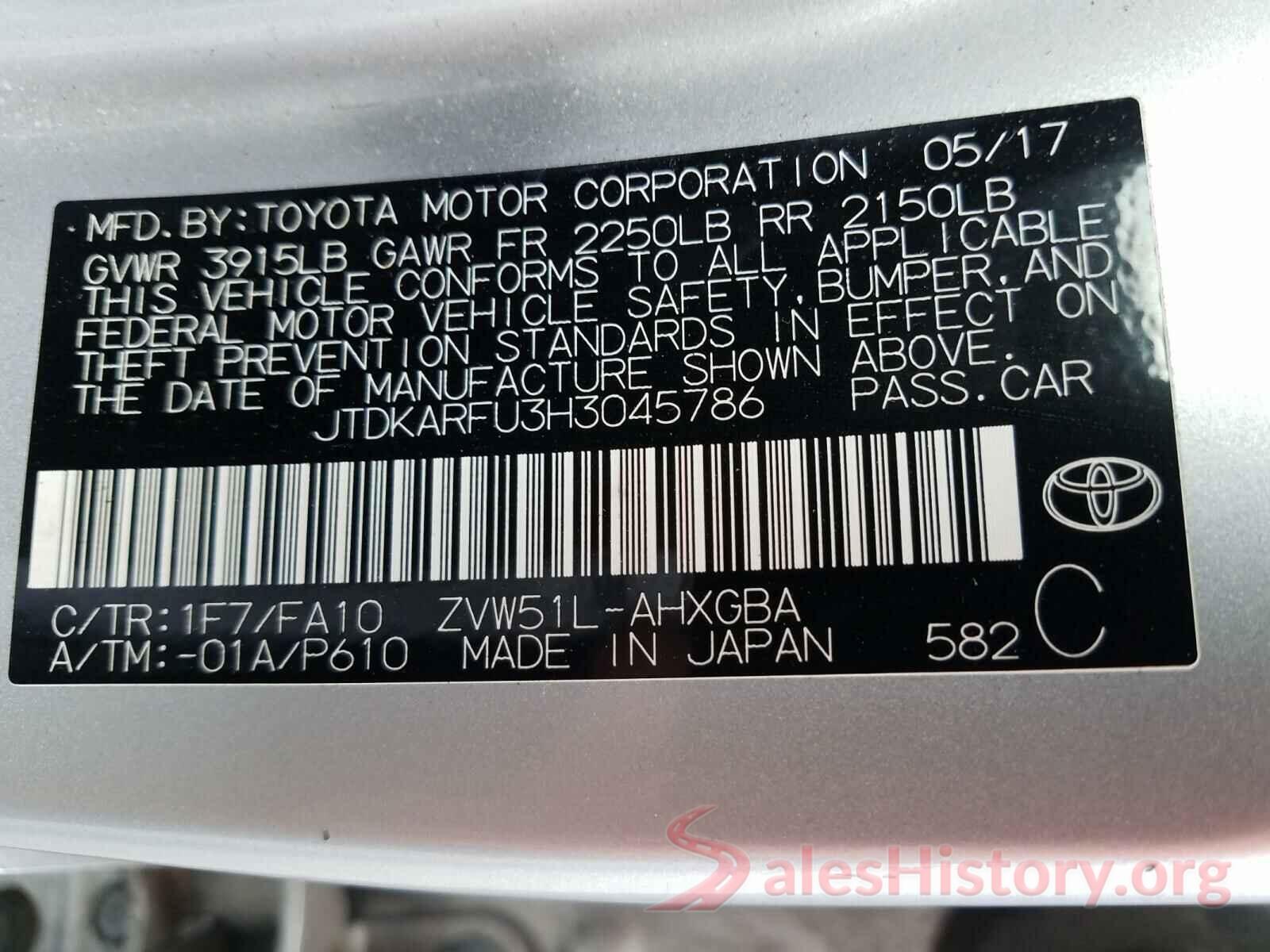 JTDKARFU3H3045786 2017 TOYOTA PRIUS