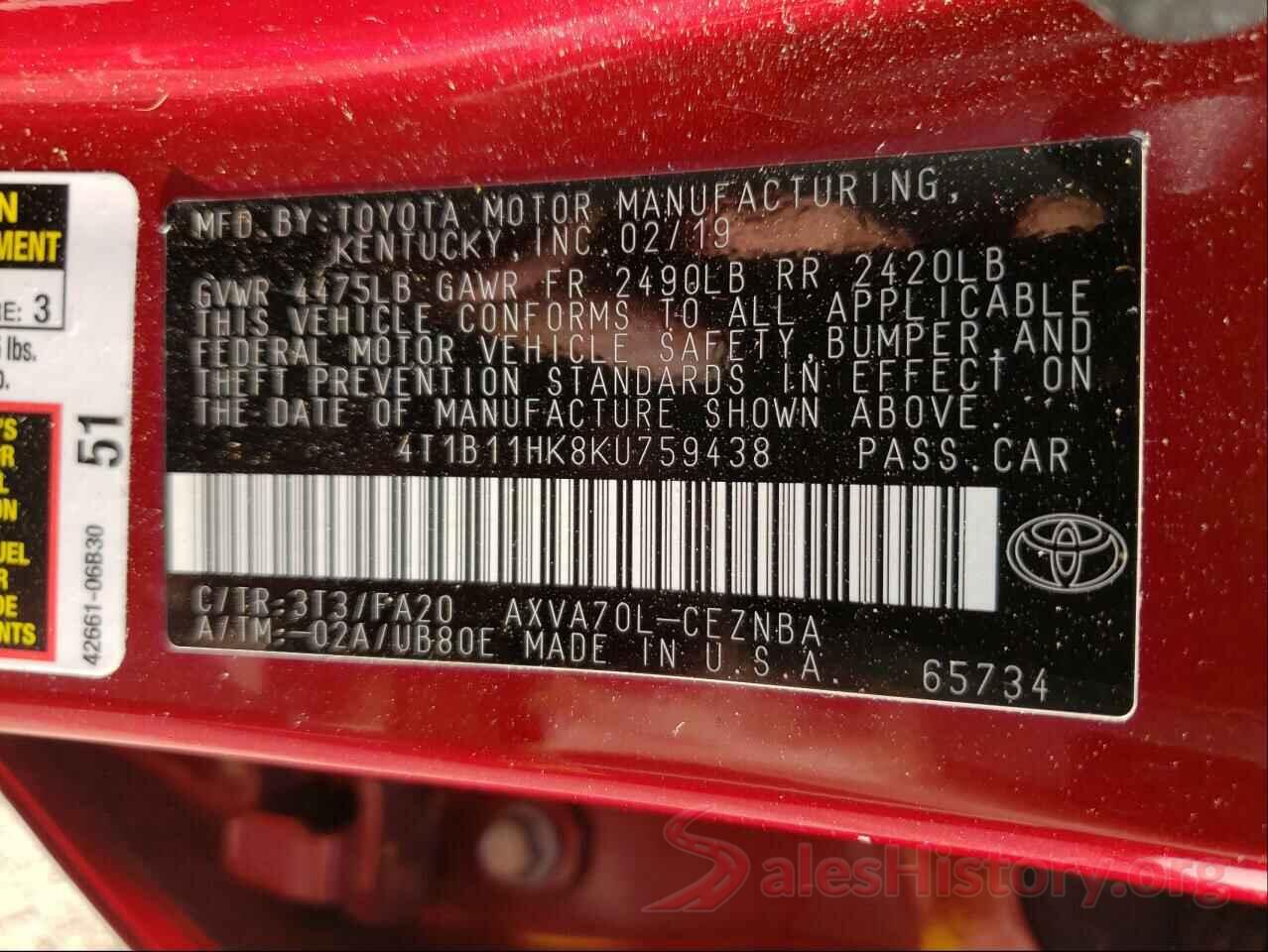 4T1B11HK8KU759438 2019 TOYOTA CAMRY