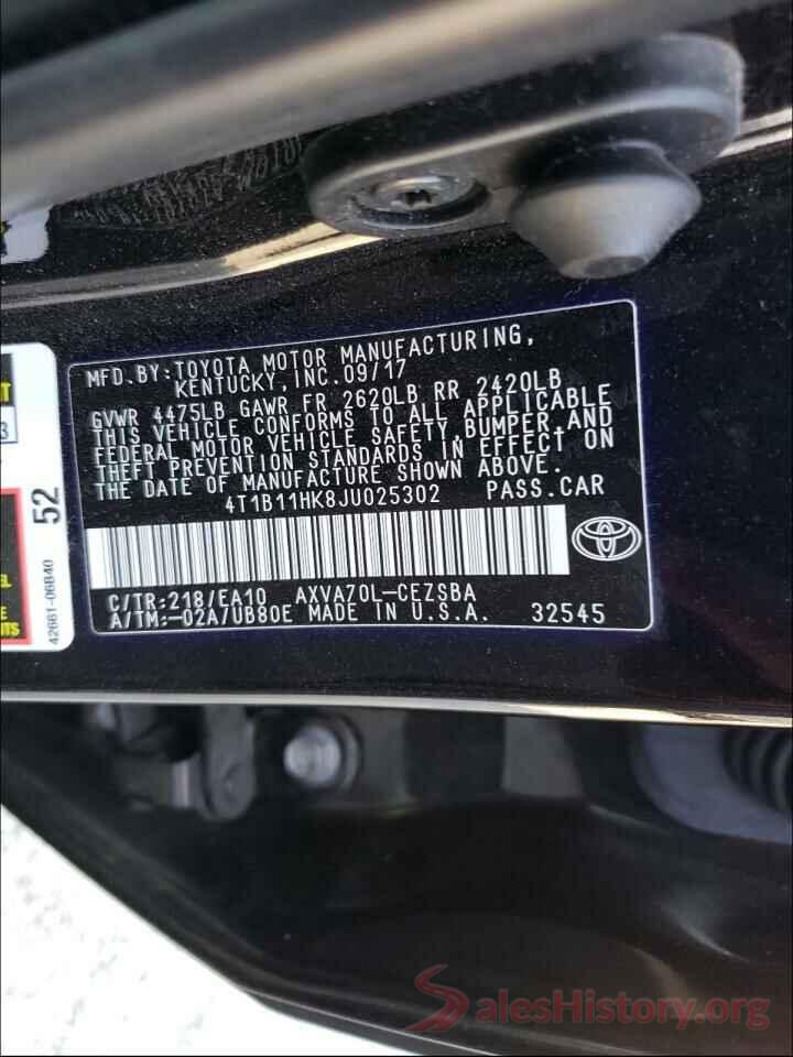 4T1B11HK8JU025302 2018 TOYOTA CAMRY