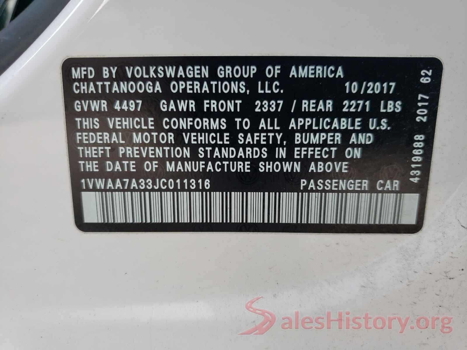 1VWAA7A33JC011316 2018 VOLKSWAGEN PASSAT