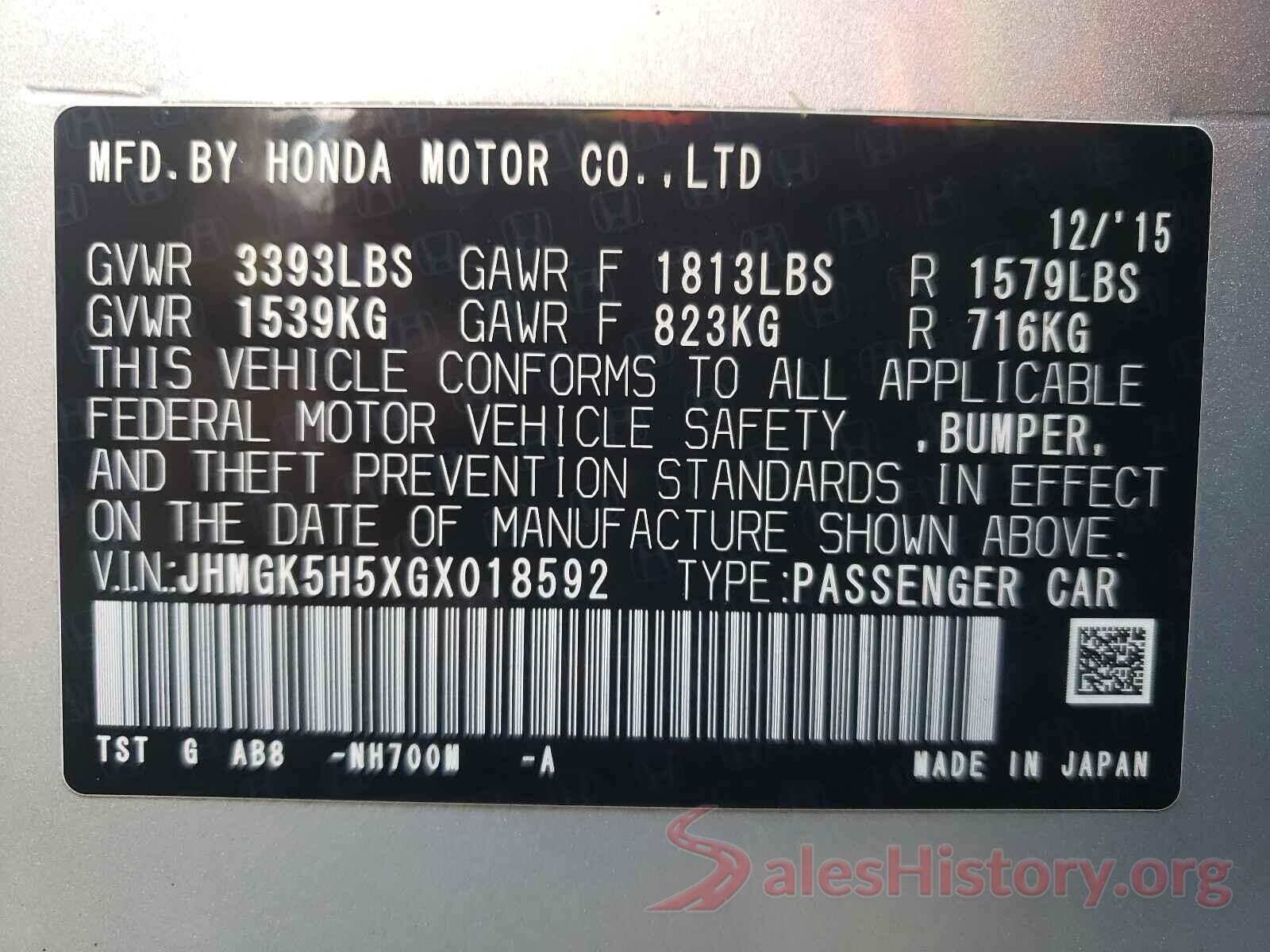 JHMGK5H5XGX018592 2016 HONDA FIT