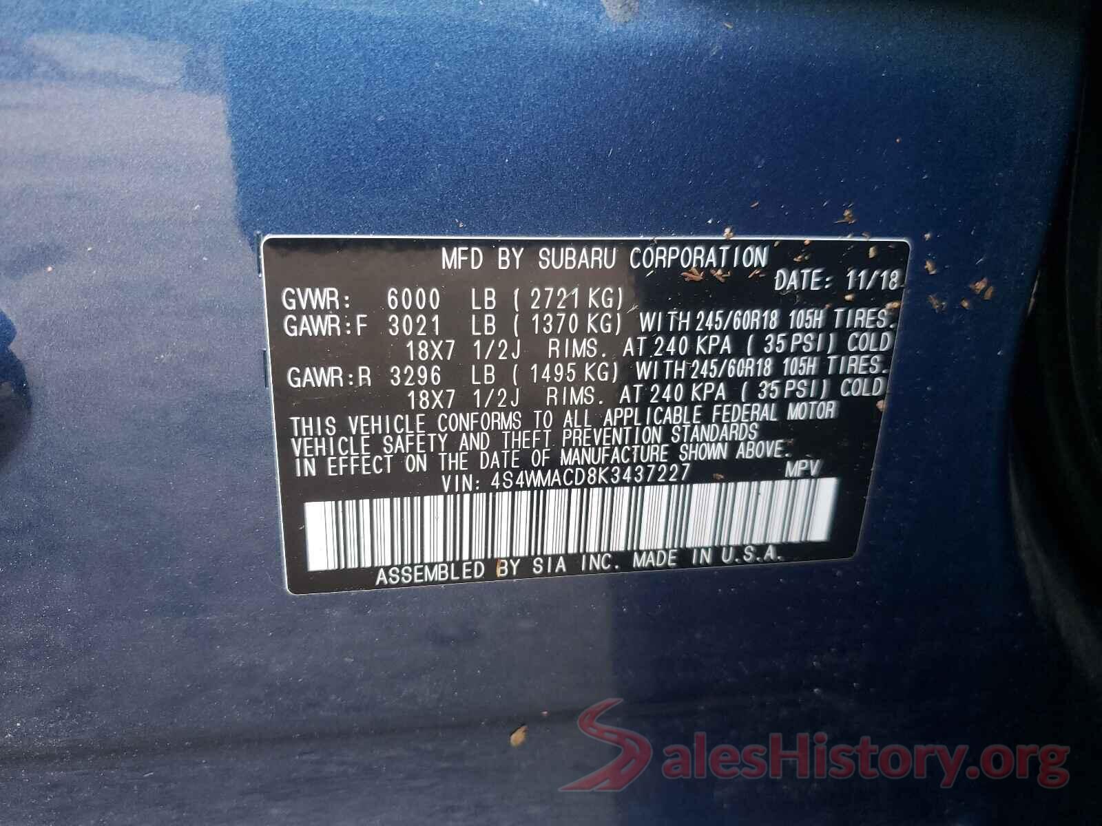 4S4WMACD8K3437227 2019 SUBARU ASCENT