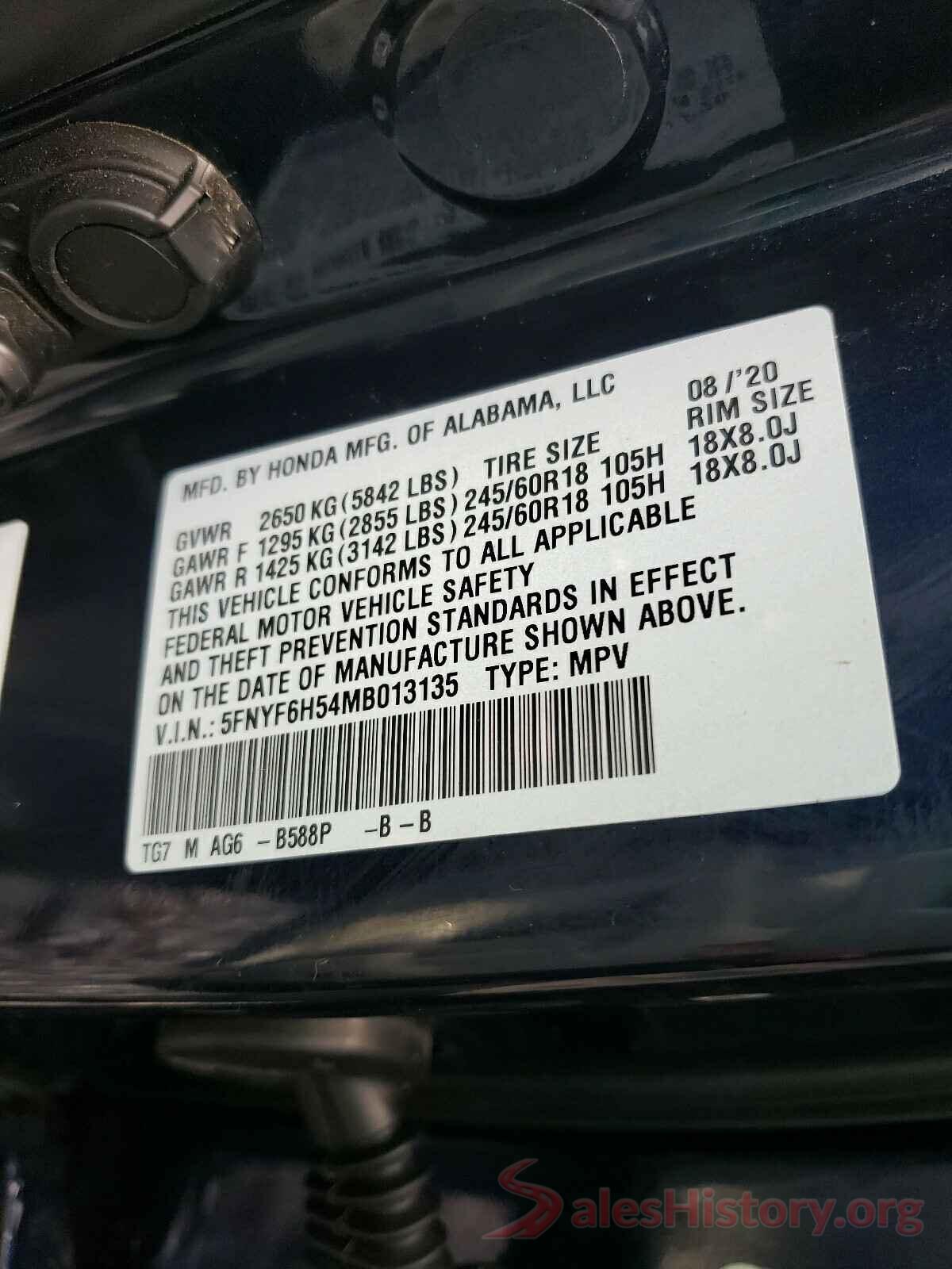 5FNYF6H54MB013135 2021 HONDA PILOT